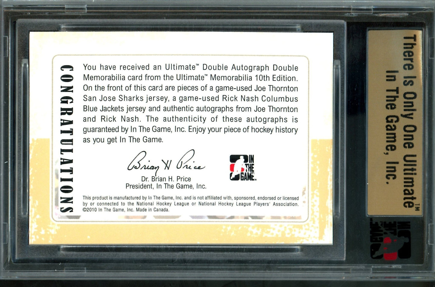 2010 In The Game Ultimate Joe Thornton / Rick Nash Double Autograph Memorabilia /19 - Trading Card Market