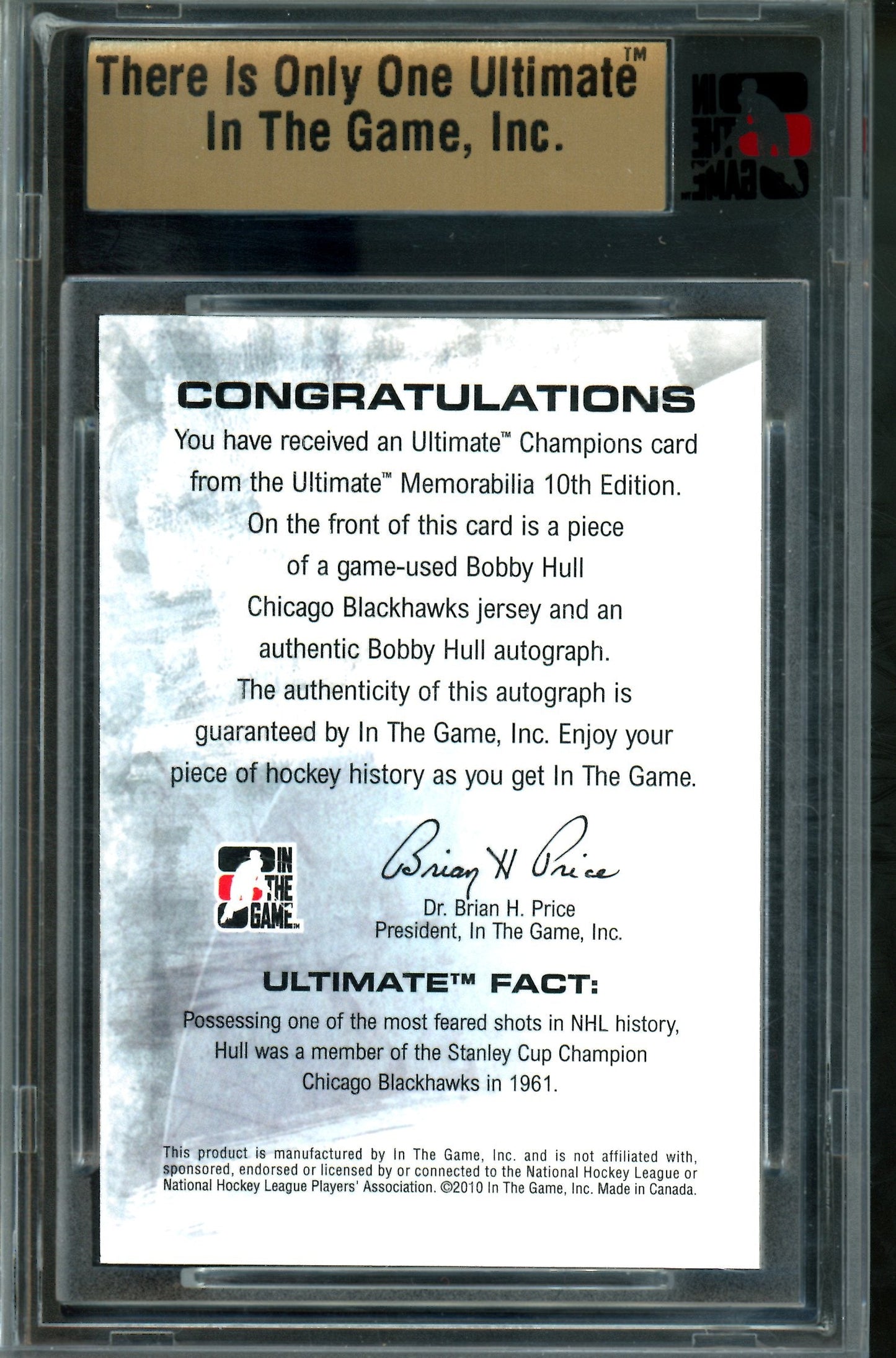 2010 In The Game Ultimate Bobby Hull Champions Silver Autograph Relic /9 Blackhawks