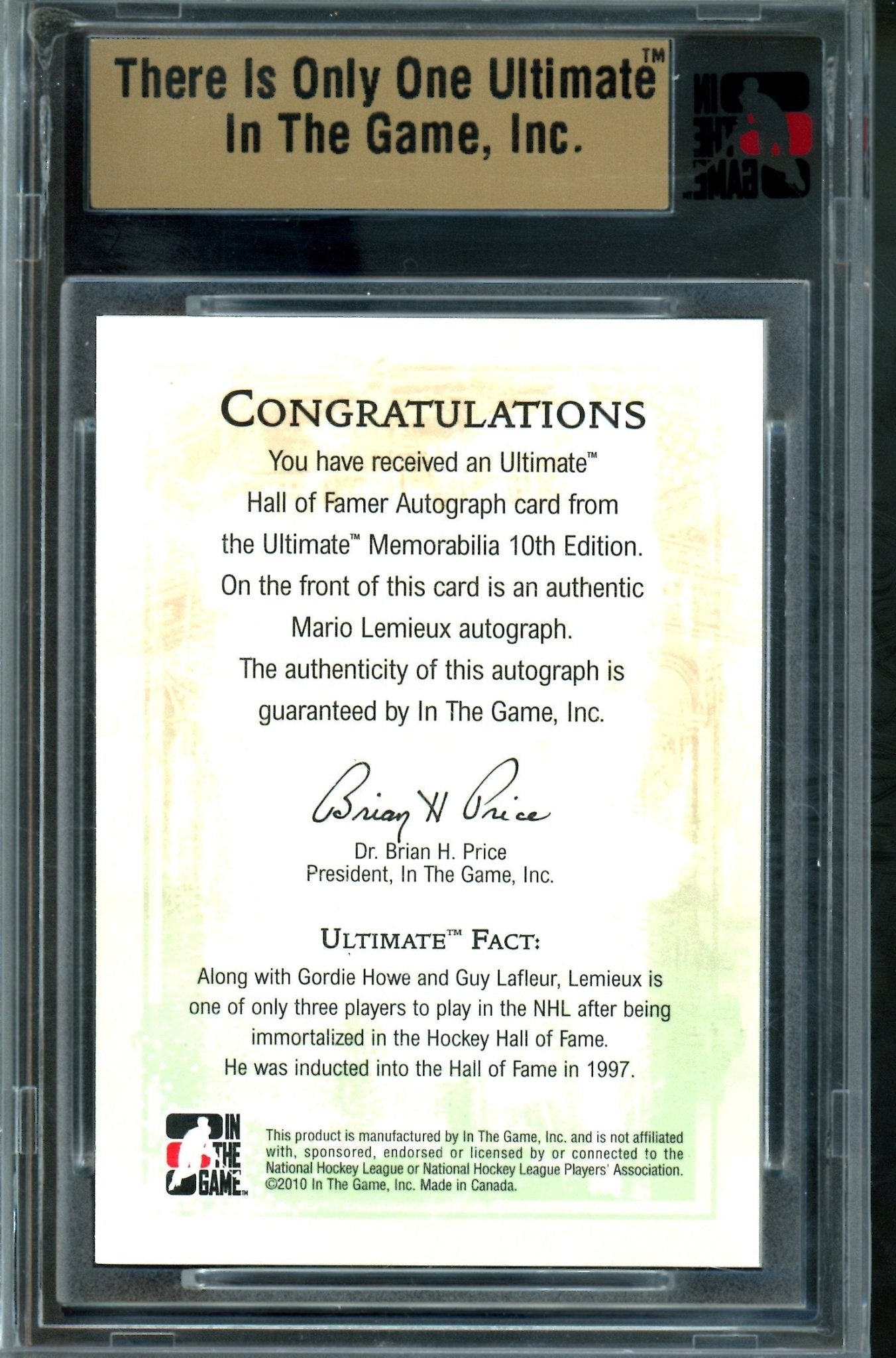 2010 In The Game Ultimate Mario Lemieux Hall of Famer Autograph Silver /9 Penguins - Trading Card Market