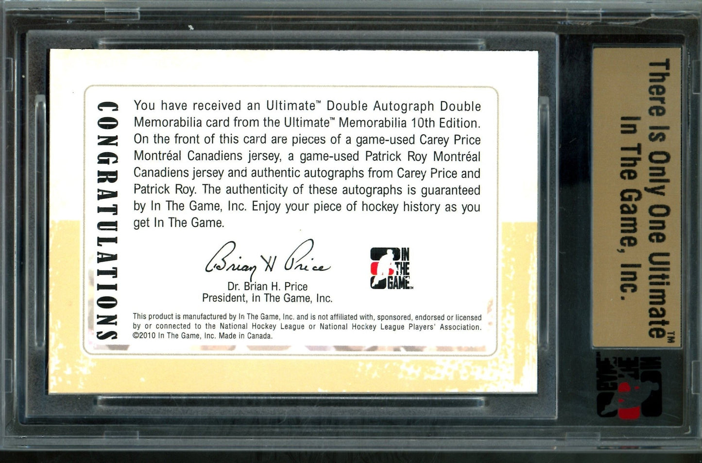 2010 In The Game Ultimate Carey Price / Patrick Roy Double Autograph Memorabilia /19 - Trading Card Market
