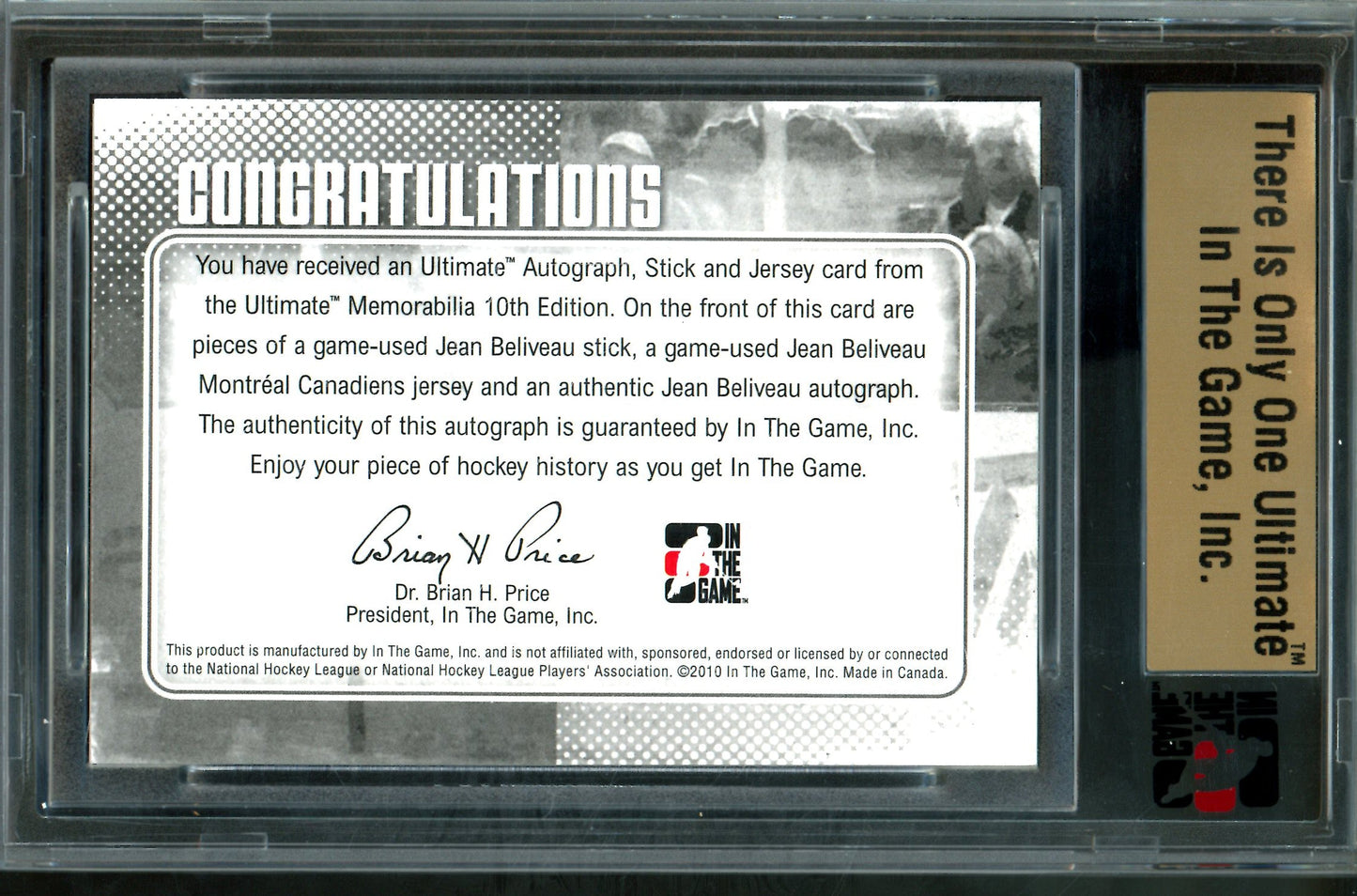 2010 In The Game Ultimate Jean Beliveau Autograph Stick and Jersey /19 Canadiens