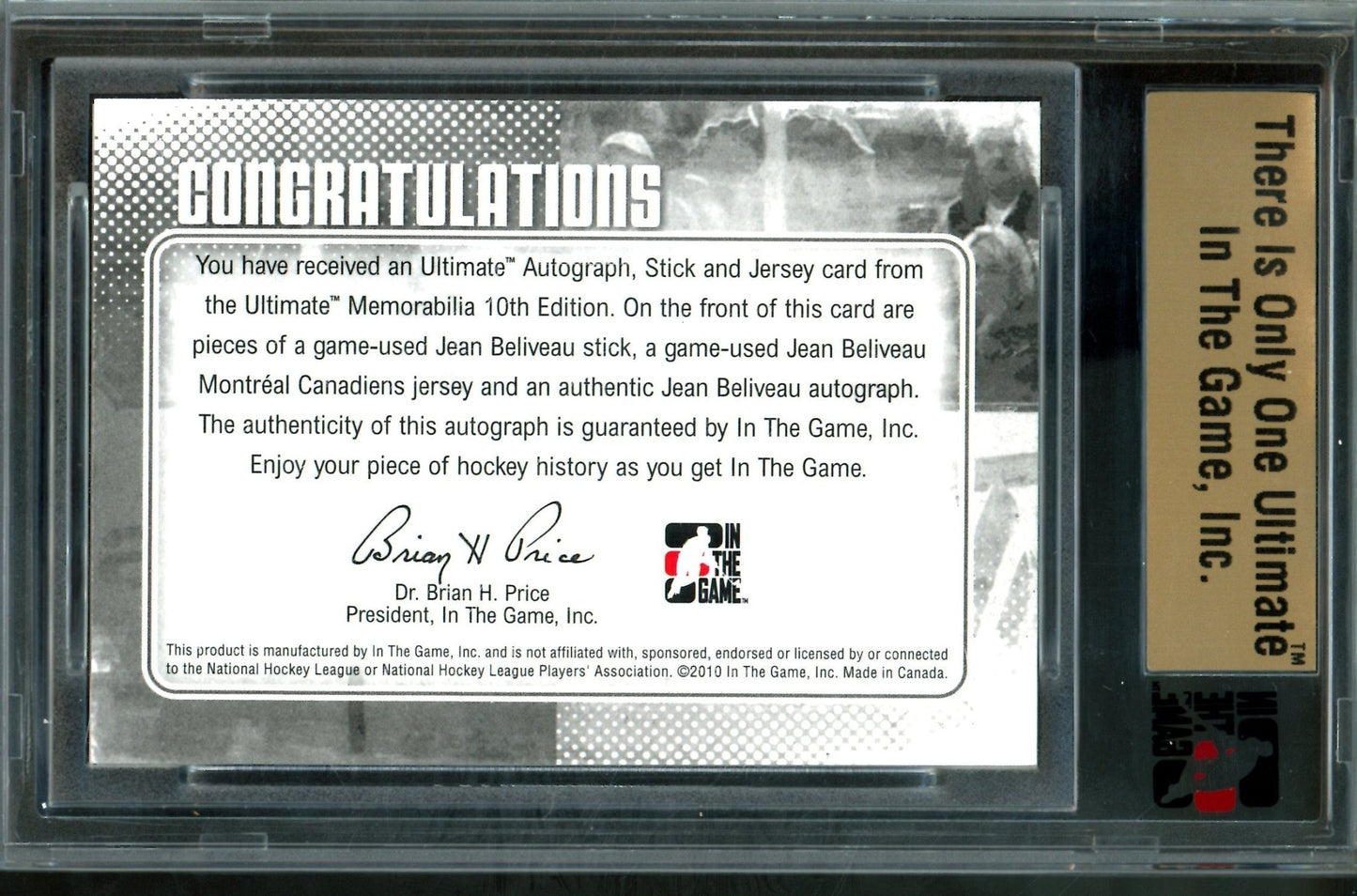 2010 In The Game Ultimate Jean Beliveau Autograph Stick and Jersey /19 Canadiens - Trading Card Market