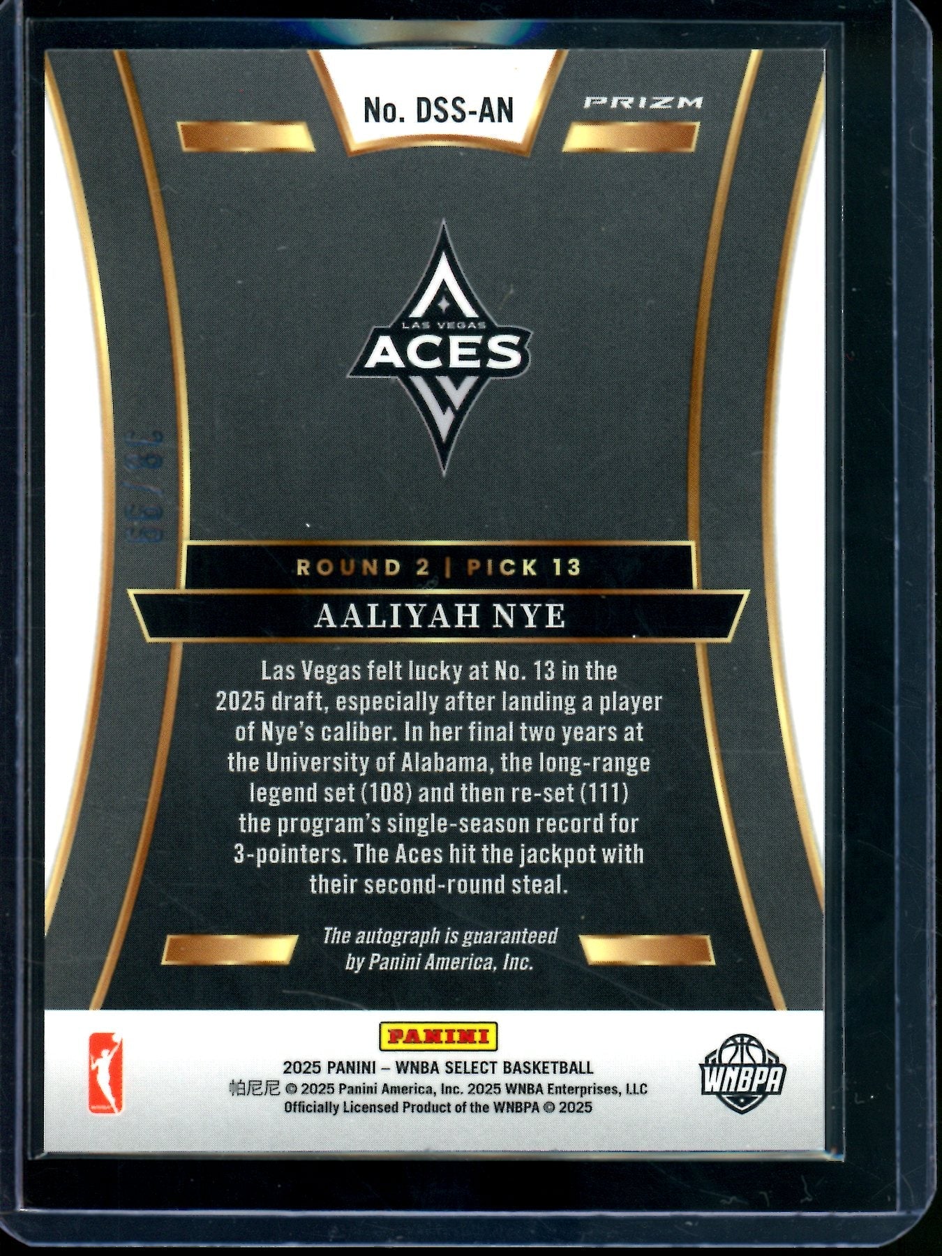 2025 Panini WNBA Select Aaliyah Nye Draft Selections Autograph Red /99 Aces