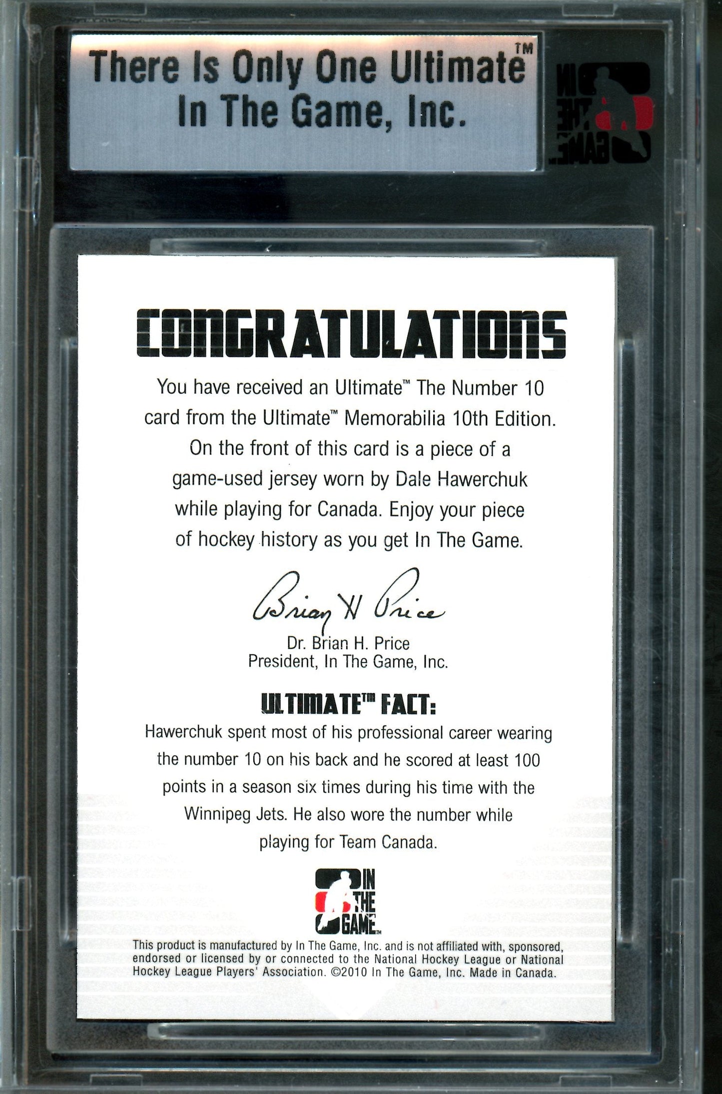 2010 In The Game Ultimate Dale Hawerchuk The Number 10 Memorabilia /9 Jets