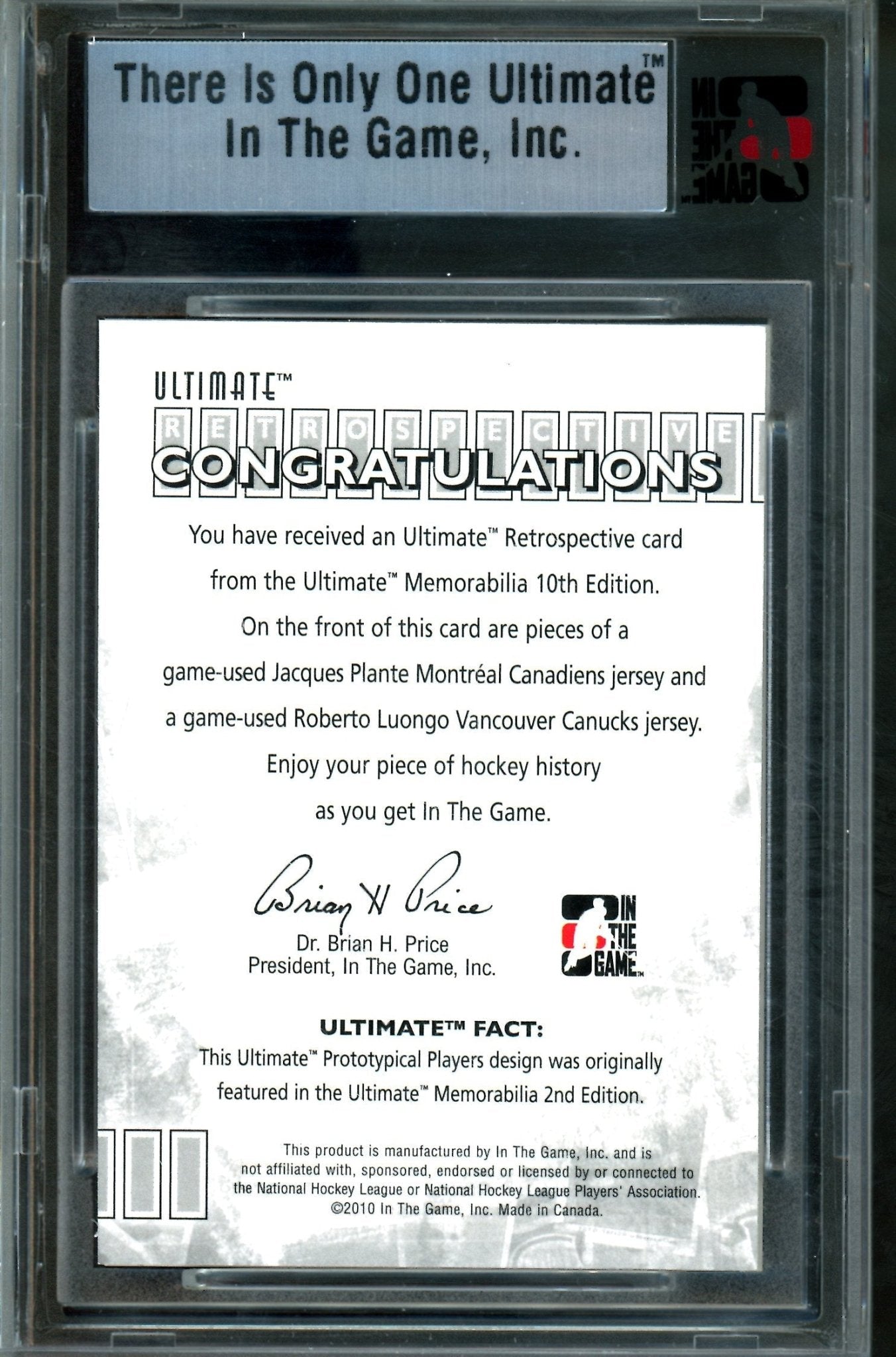 2010 In The Game Ultimate Jacques Plante / Roberto Luongo Retrospective Silver Memorabilia/9 - Trading Card Market
