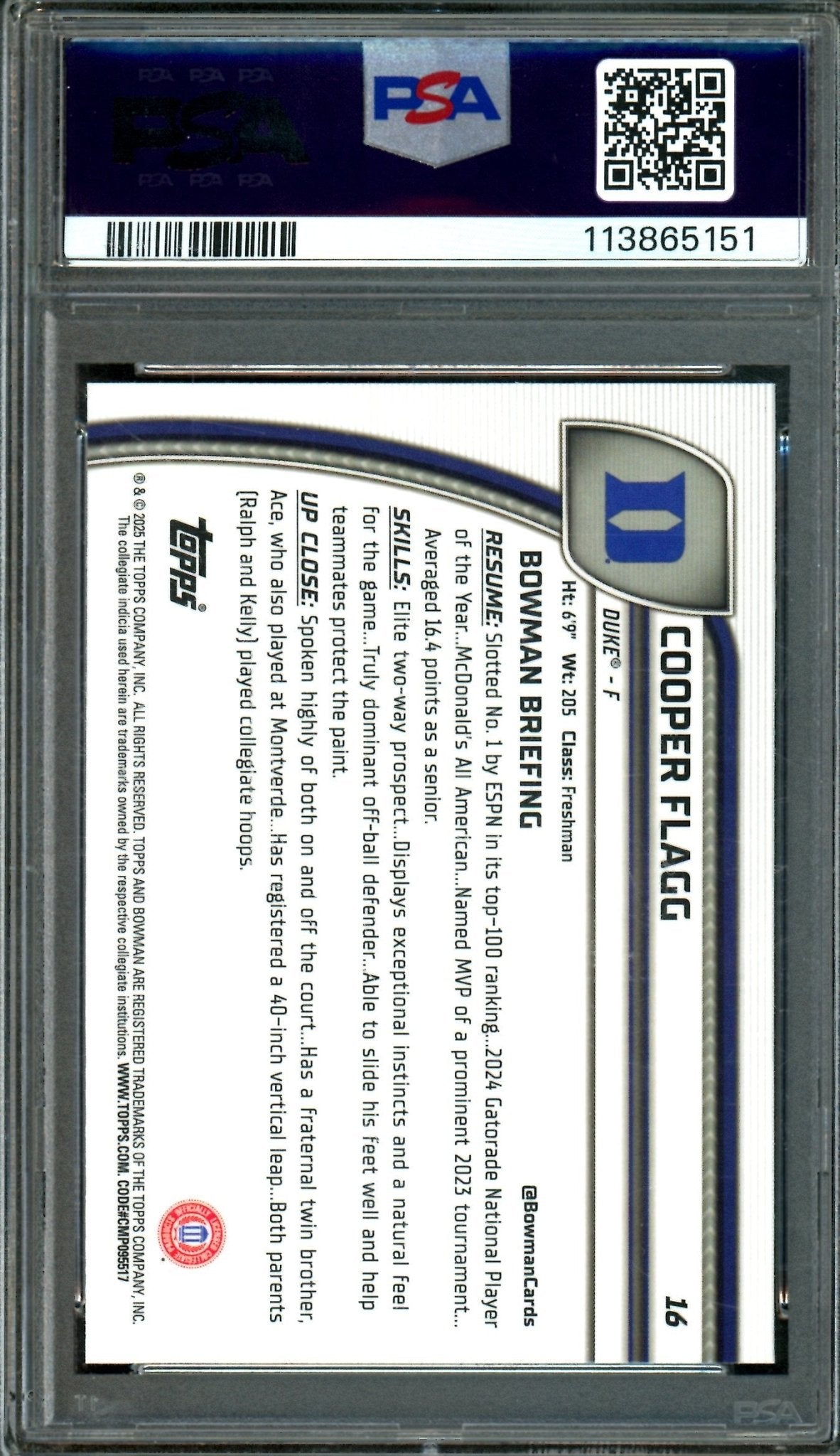 2024 Bowman Chrome Cooper Flagg 1st PSA 10 Mavericks