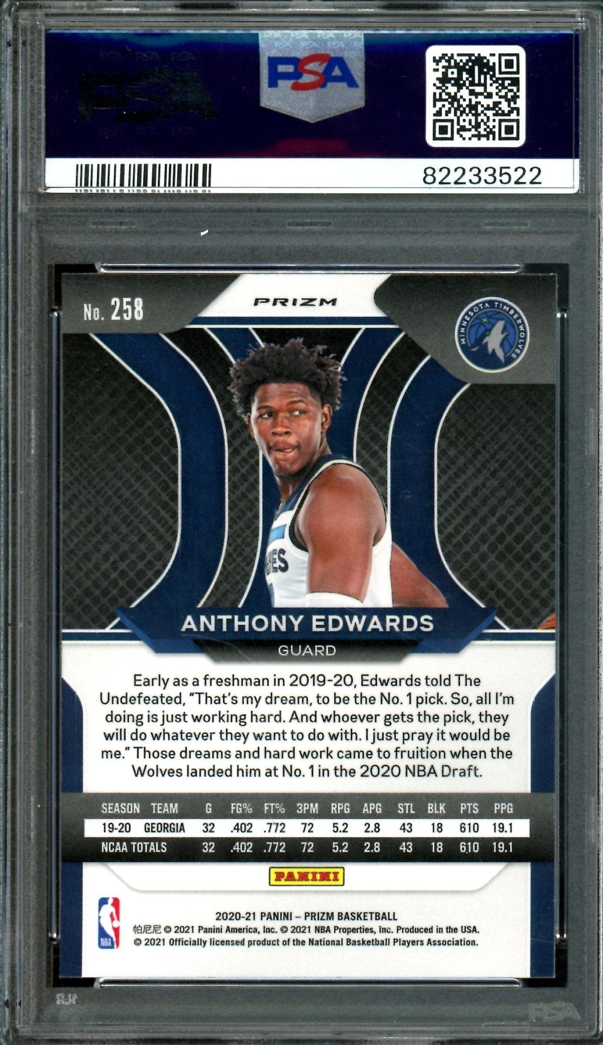 2020 Panini Prizm Anthony Edwards Green Rookie PSA 9 Timberwolves