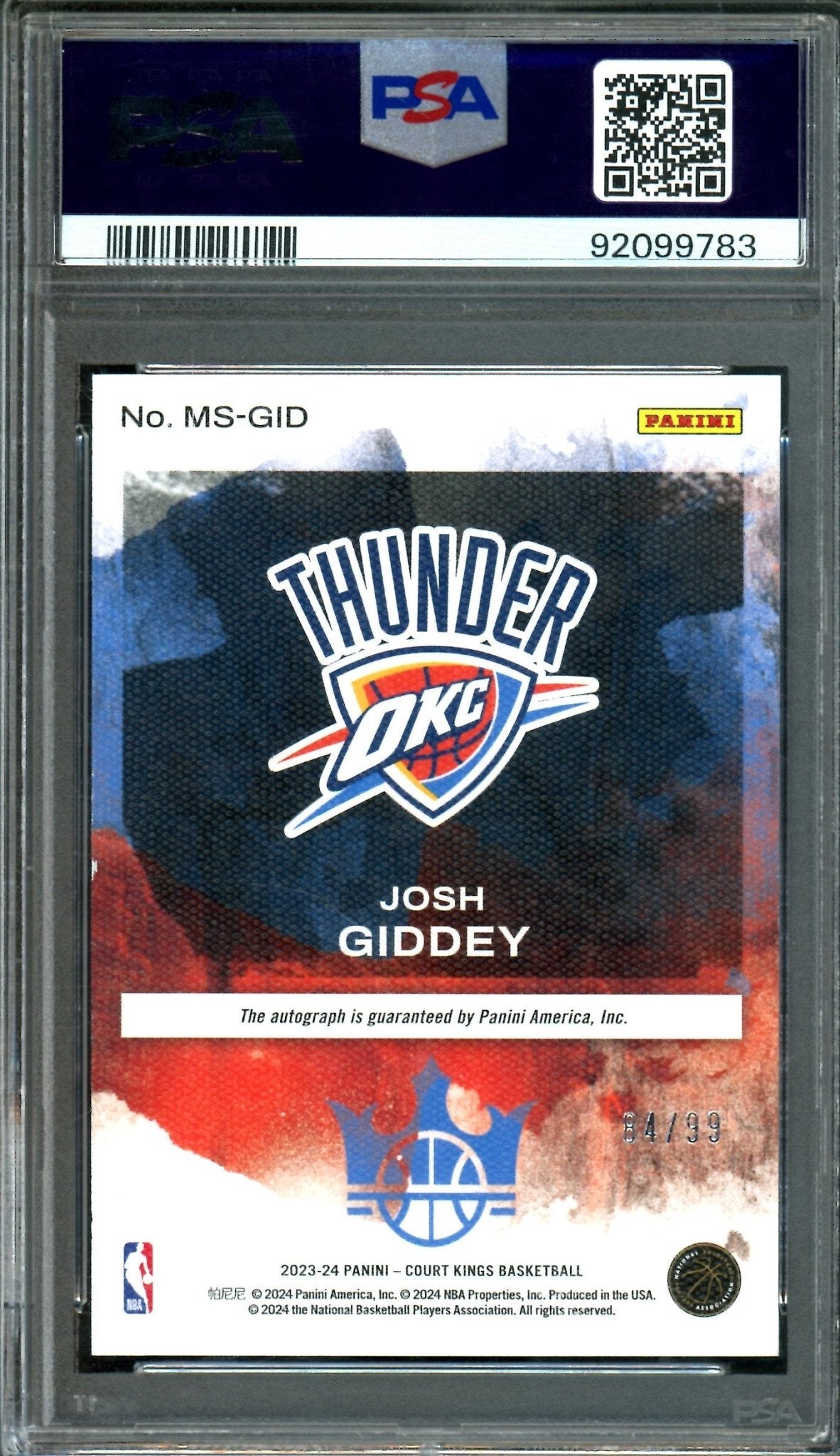 2023 Panini Court Kings Josh Giddey Masterstrokes Autograph PSA 8 Thunder / Bulls