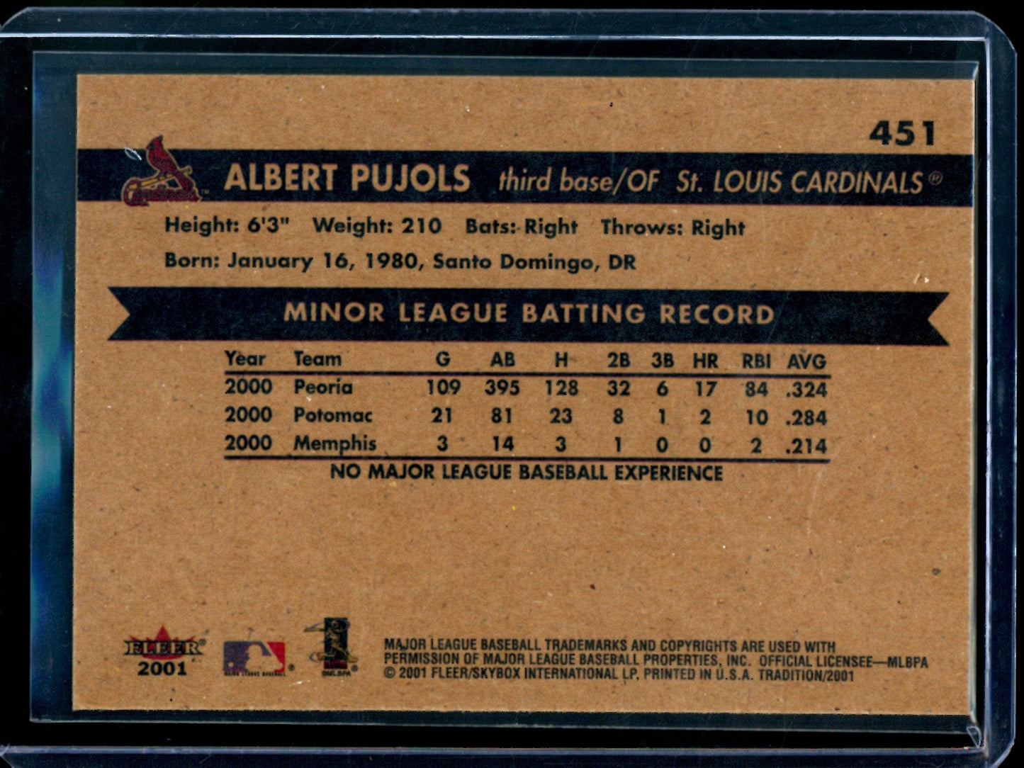 2001 Fleer Tradition Albert Pujols Rookie Cardinals