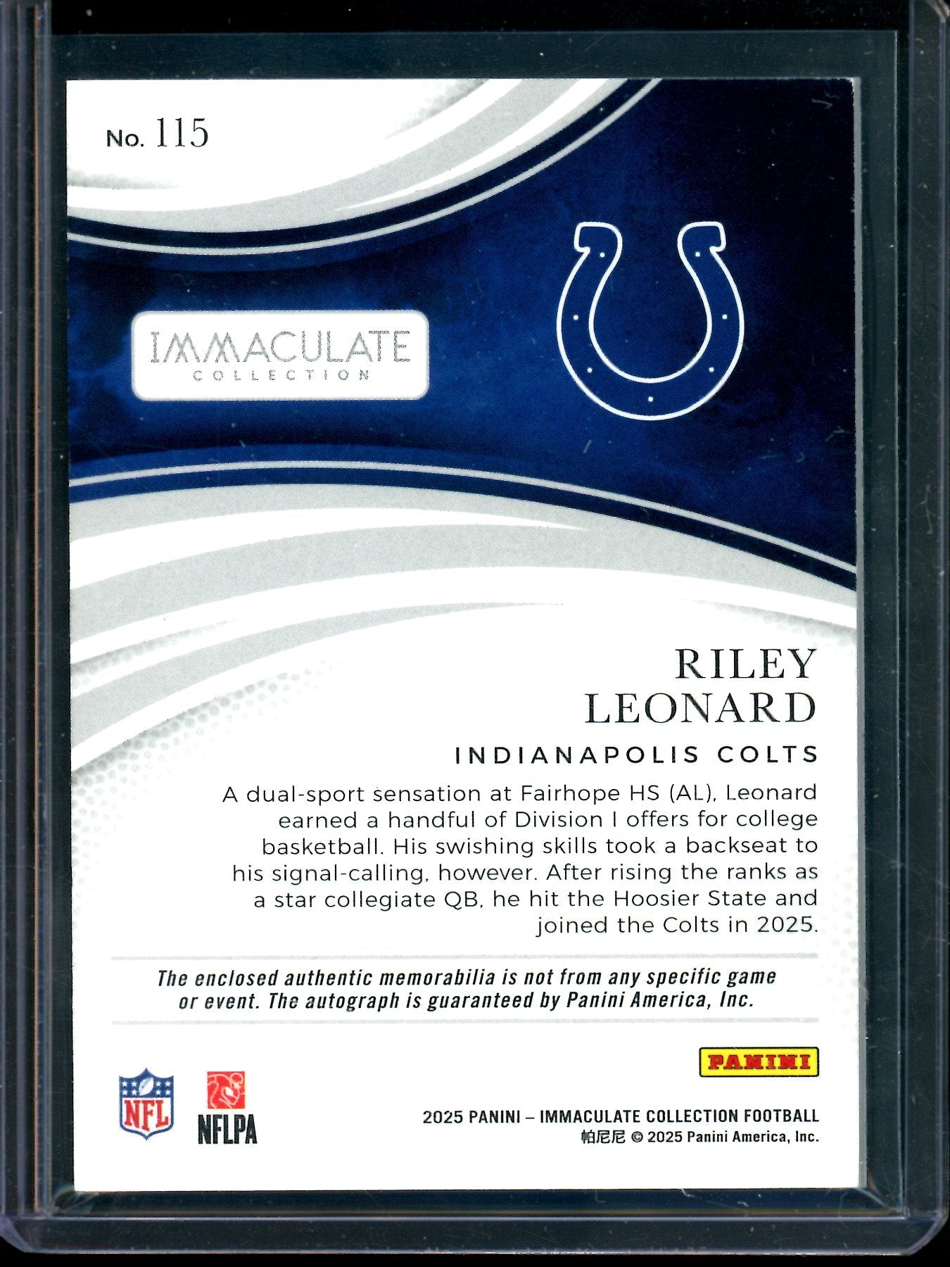 2025 Panini Immaculate Riley Leonard Rookie Patch Autograph /99 Colts
