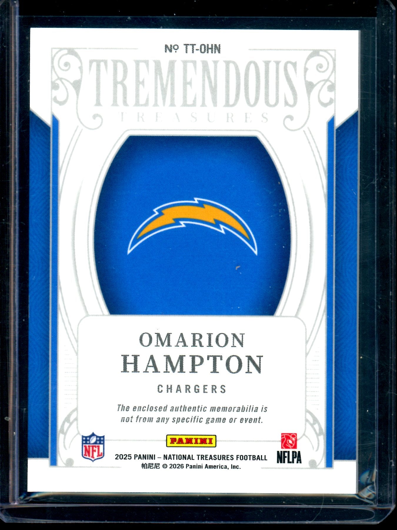 2025 Panini National Treasures Omarion Hampton Tremendous Treasures Rookie Relic /99 Chargers
