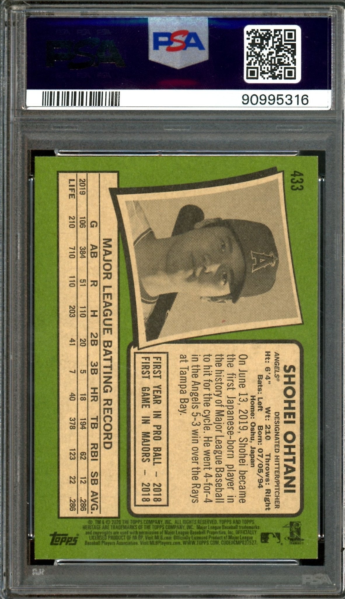 2020 Topps Heritage Shohei Ohtani #433 PSA 9 Angels