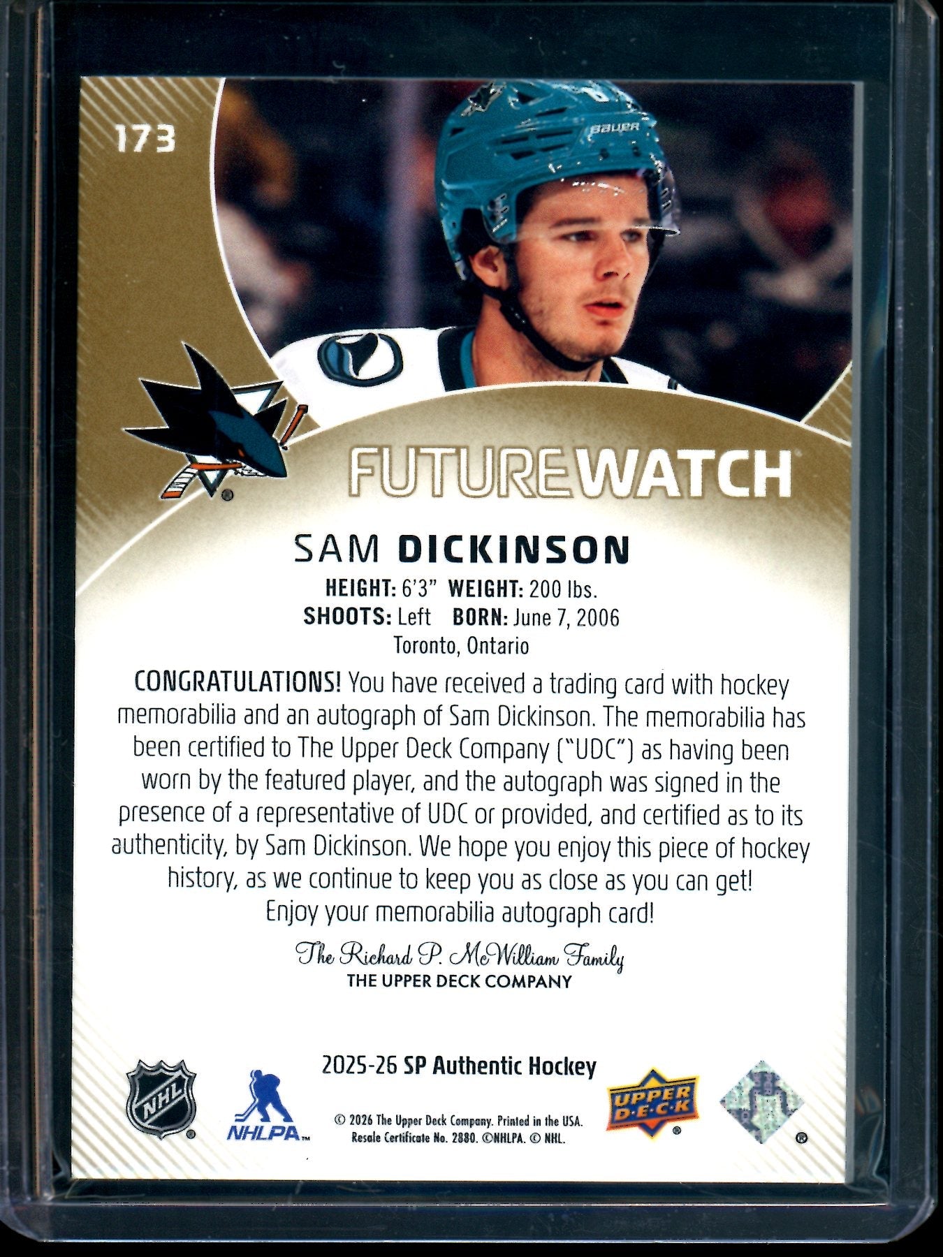 2026 Upper Deck SP Authentic Sam Dickinson Future Watch Patch Autograph /100 Sharks