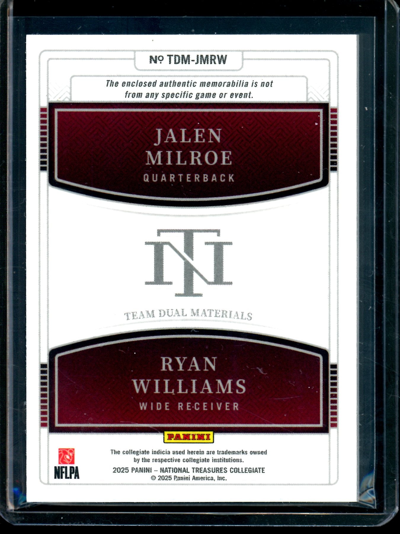 2025 Panini National Treasures Jalen Milroe / Ryan Williams Dual Gold Relic /10 Alabama