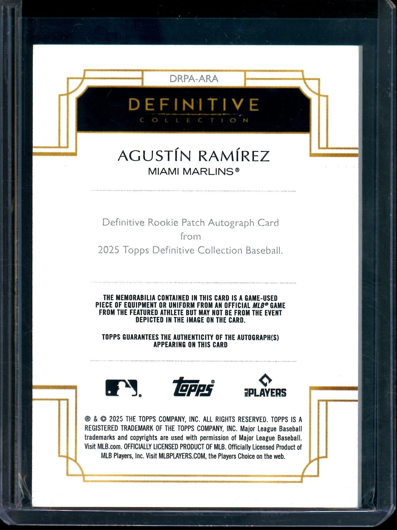 2025 Topps Definitive Agustin Ramirez Rookie Patch Autograph Black /10 Marlins