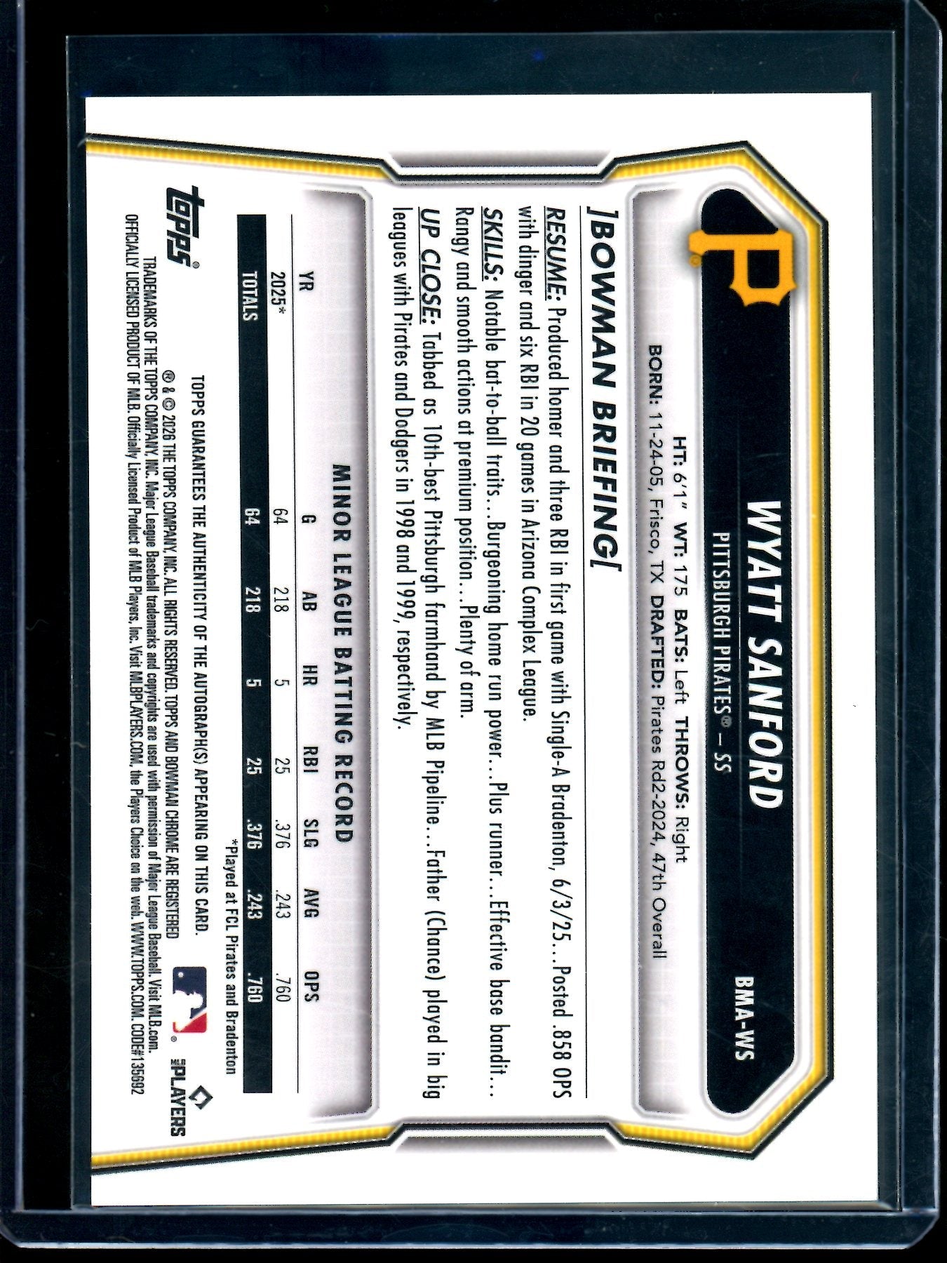 2026 Bowman Chrome Wyatt Sanford Mojo Autograph Refractor Pirates