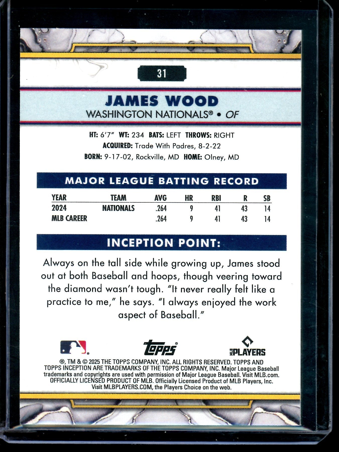 2026 Topps Inception James Wood Rookie Yellow /199 Nationals