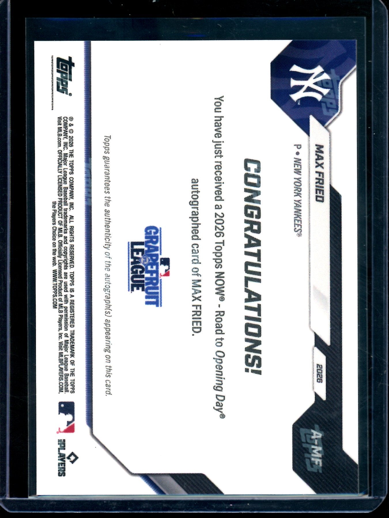 2026 Topps Now Max Fried Orange Autograph Foil /25 Yankees