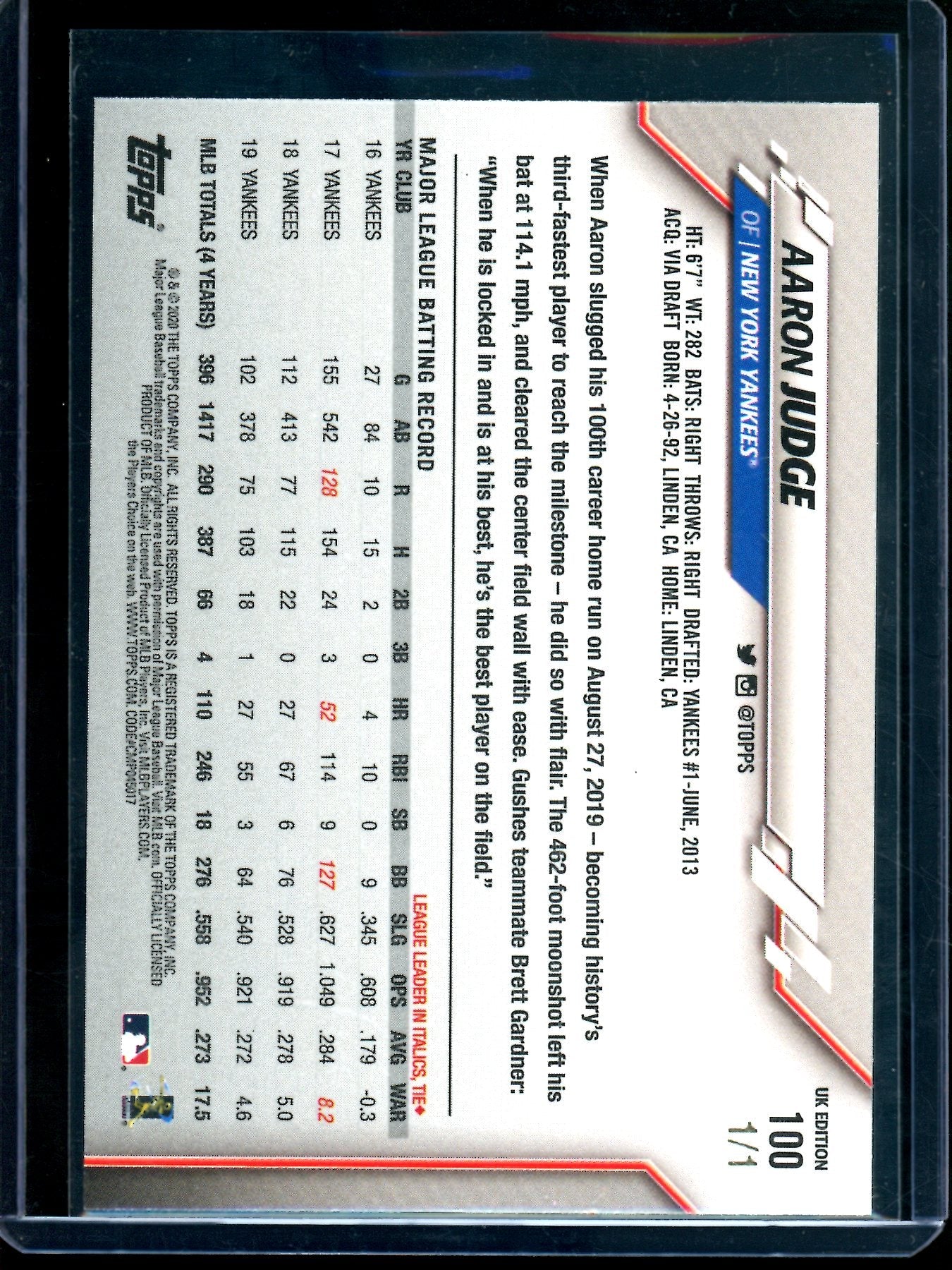 2020 Topps UK Edition Aaron Judge Platinum 1/1 #100 Yankees