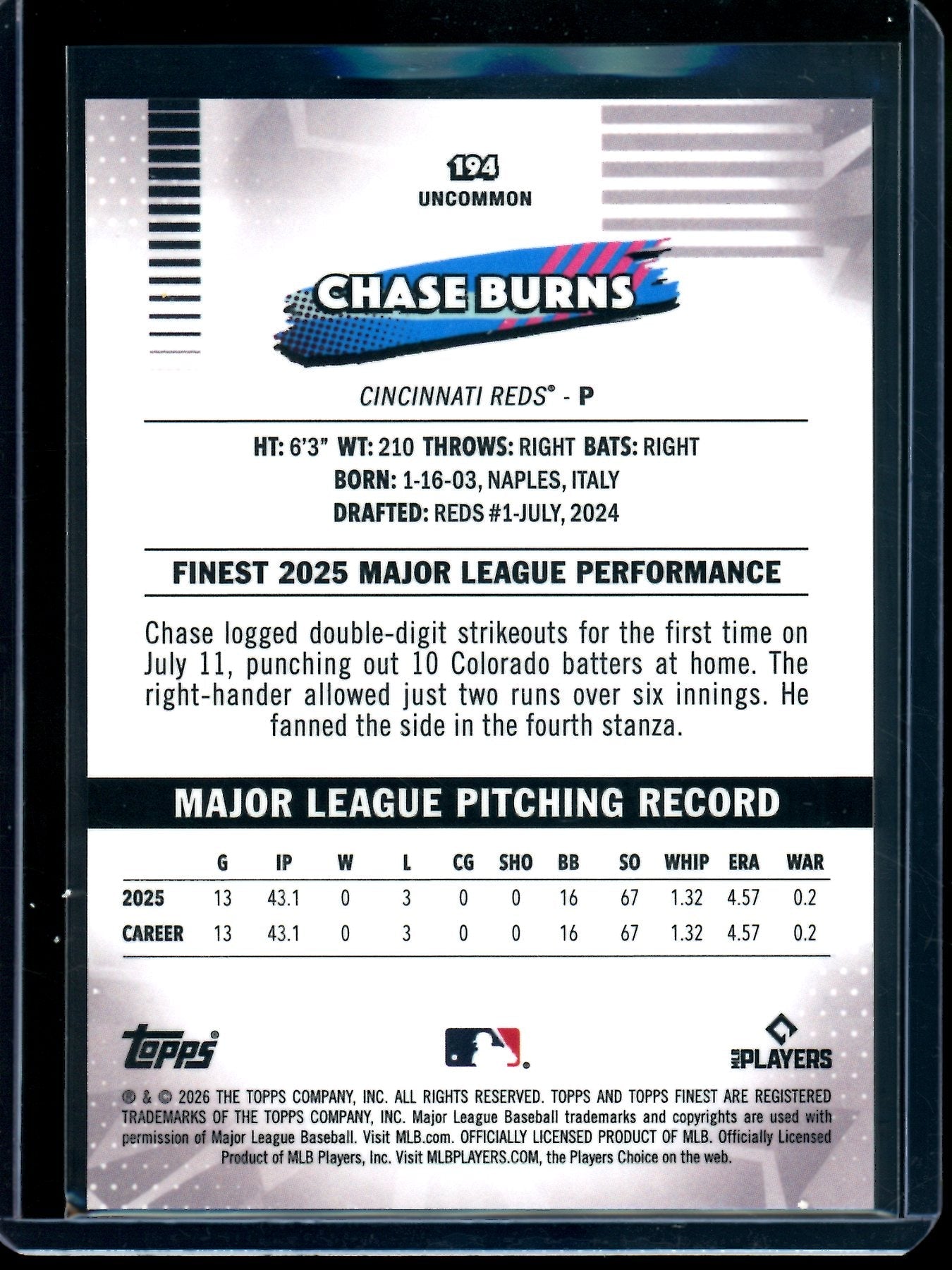 2026 Topps Finest Chase Burns Red Geometric Refractor Rookie /5 Reds