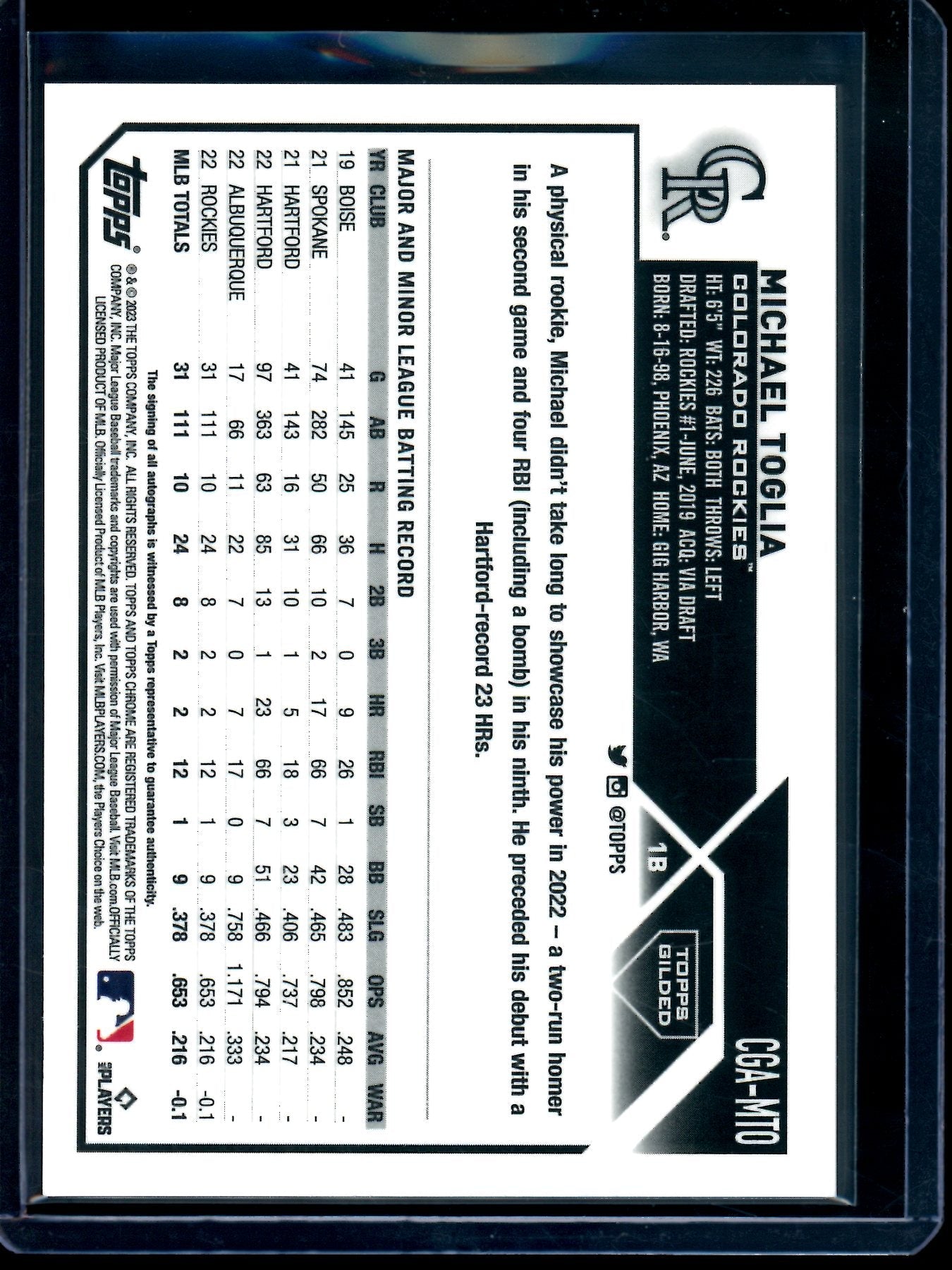 2023 Topps Gilded Michael Toglia Rookie Autograph /75 Rockies