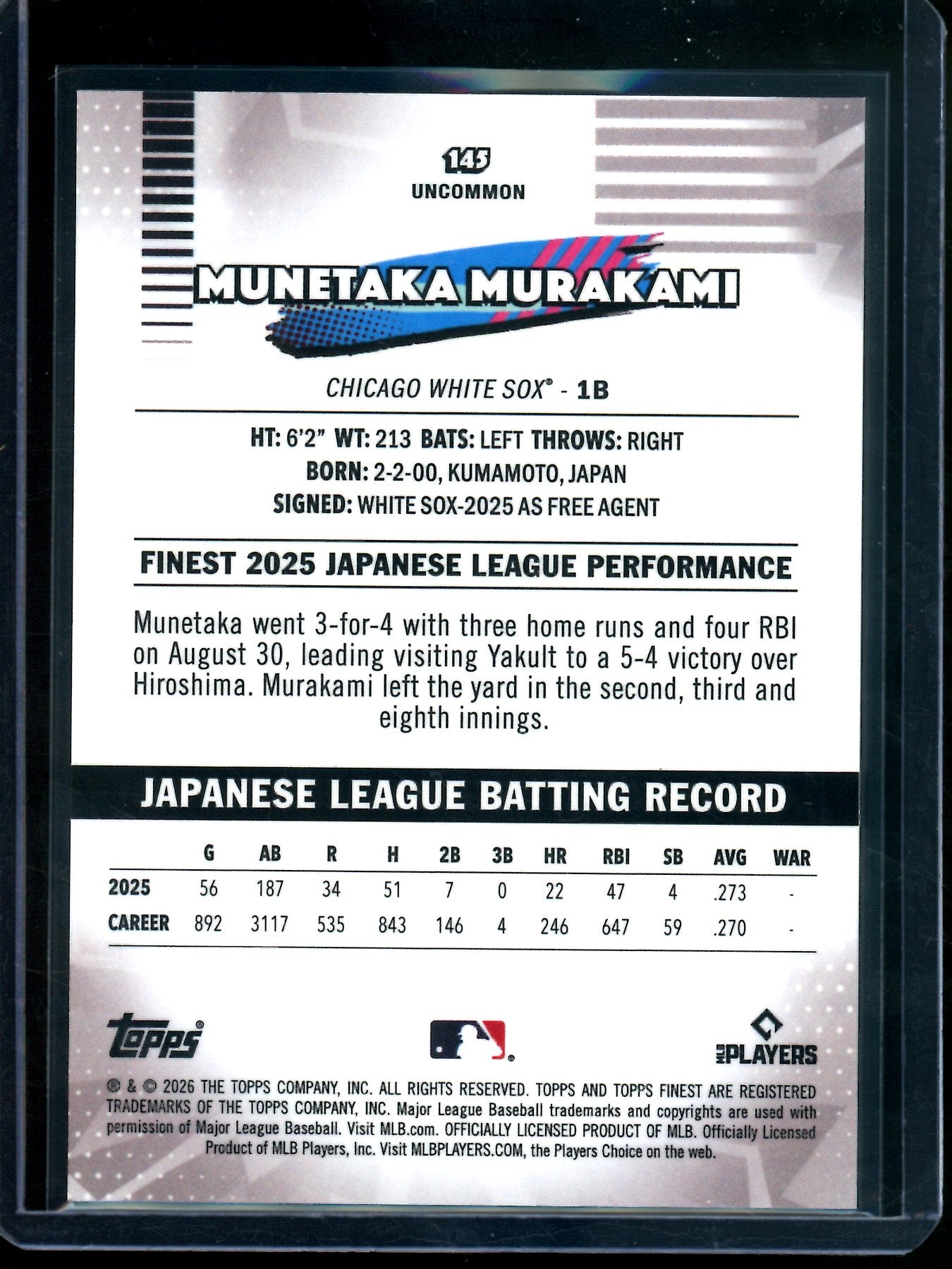 2026 Topps Finest Munetaka Murakami Rookie Gold Refractor /50 White Sox