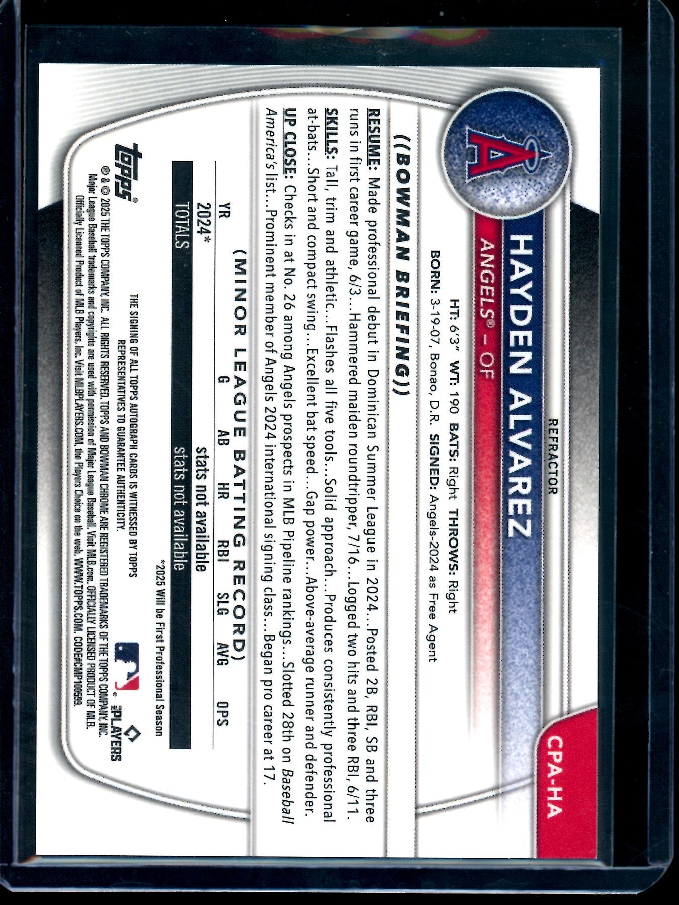 2025 Bowman Chrome Hayden Alvarez 1st Refractor Autograph /499 Angels