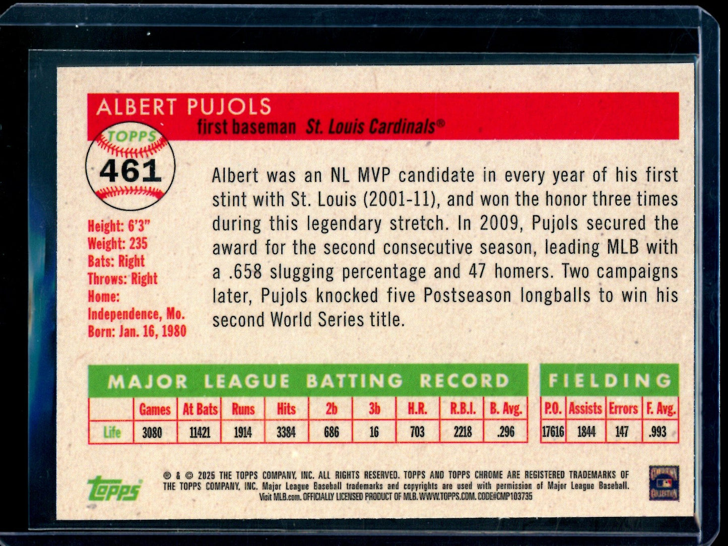 2025 Topps Platinum Albert Pujols Rose Gold Refractor /75 Cardinals