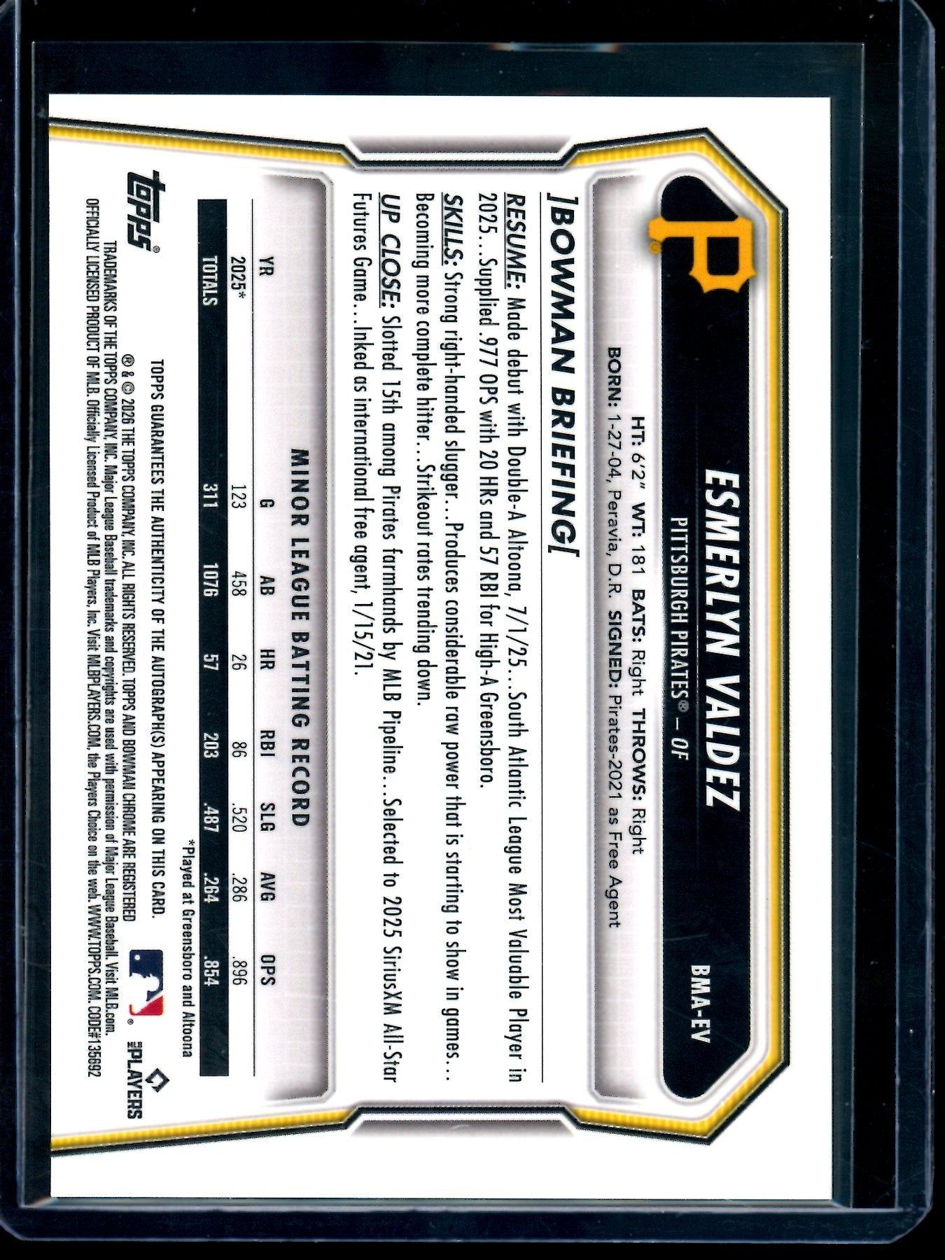 2026 Bowman Chrome Esmerlyn Valdez Mojo Autograph Pirates
