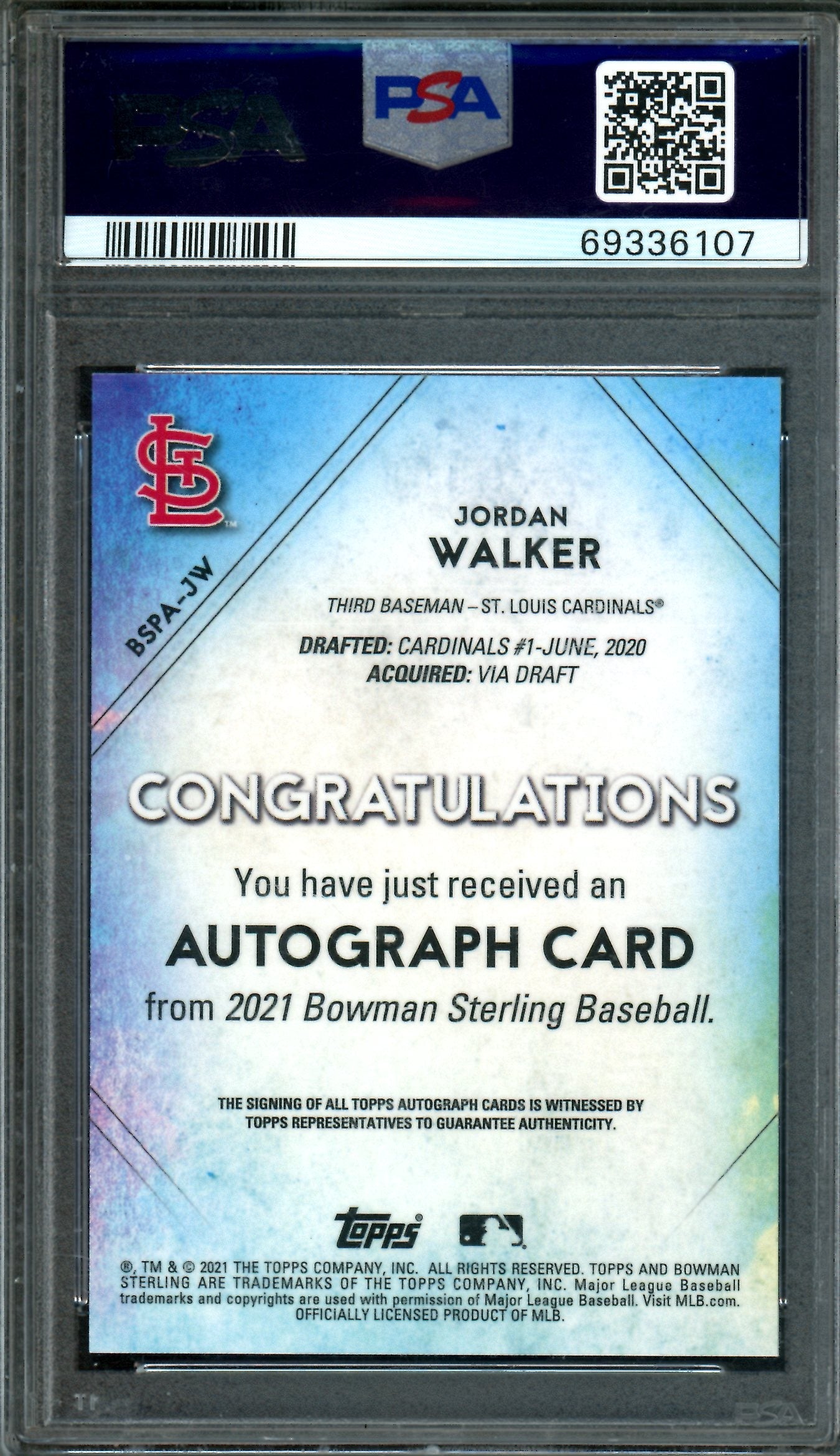 2021 Topps Sterling Jordan Walker Speckle Refractor Autograph /99 PSA 9 Cardinals