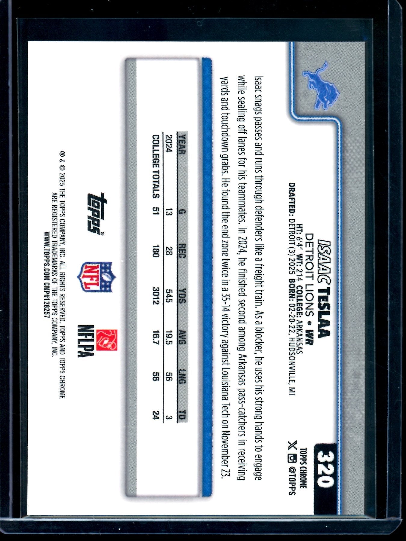 2025 Topps Chrome Isaac TeSlaa Orange Refractor Rookie /25 Lions
