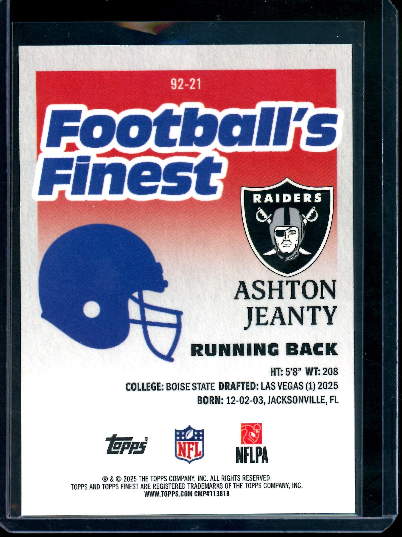 2025 Topps Finest Ashton Jeanty Footballs Finest Rookie Black /92 Raiders