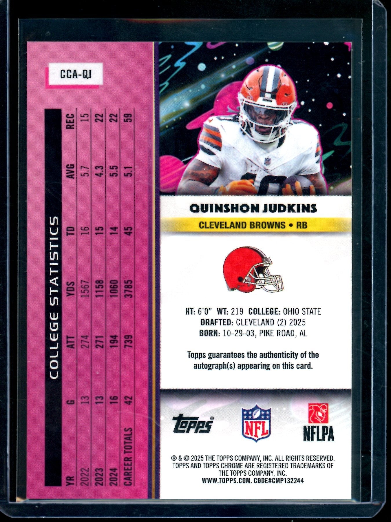 2025 Topps Cosmic Chrome Quinshon Judkins Black Refractor Rookie Autograph /10 Browns