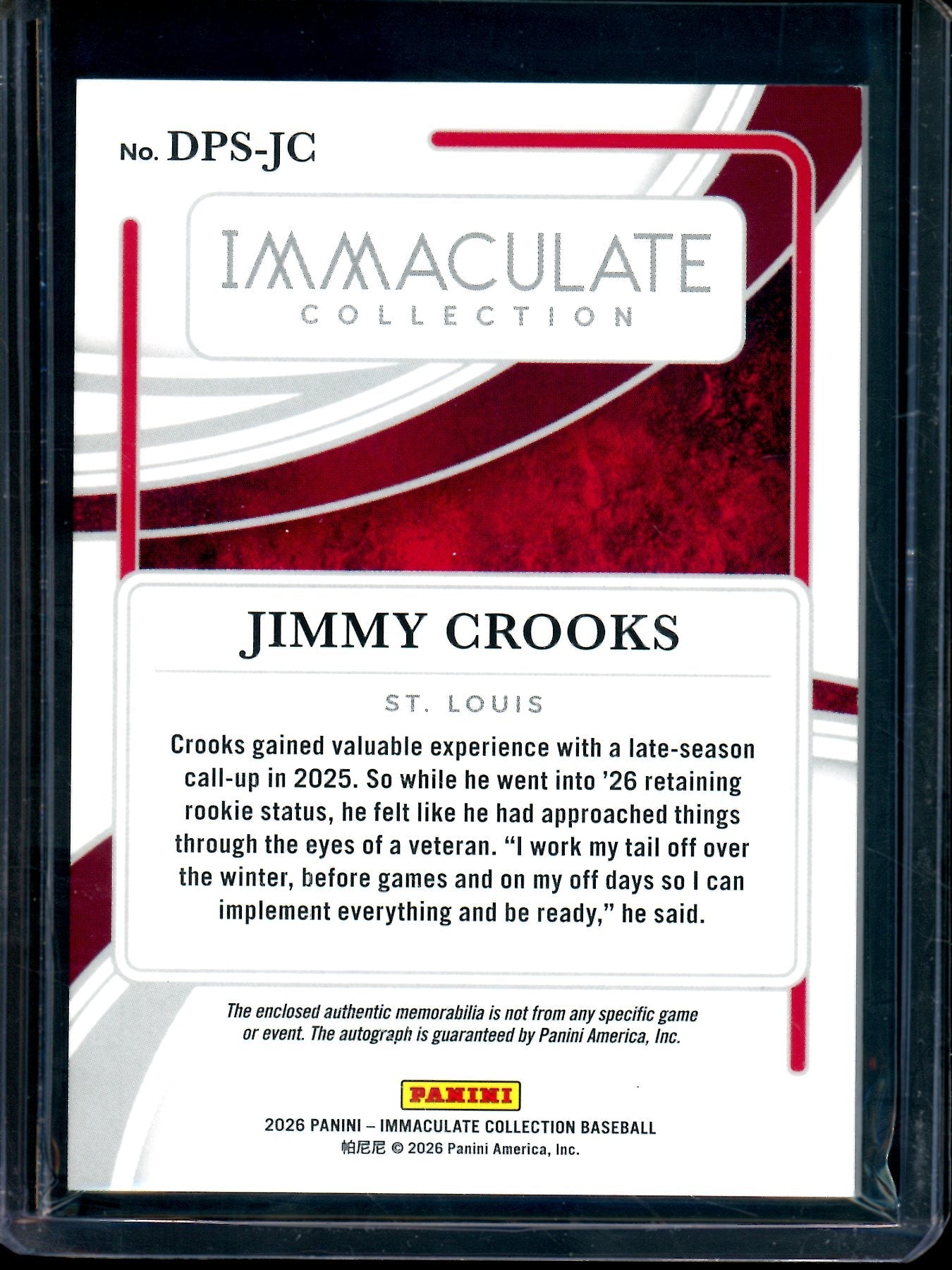 2026 Panini Immaculate Jimmy Crooks Rookie Dual Patch Autograph /35 Cardinals