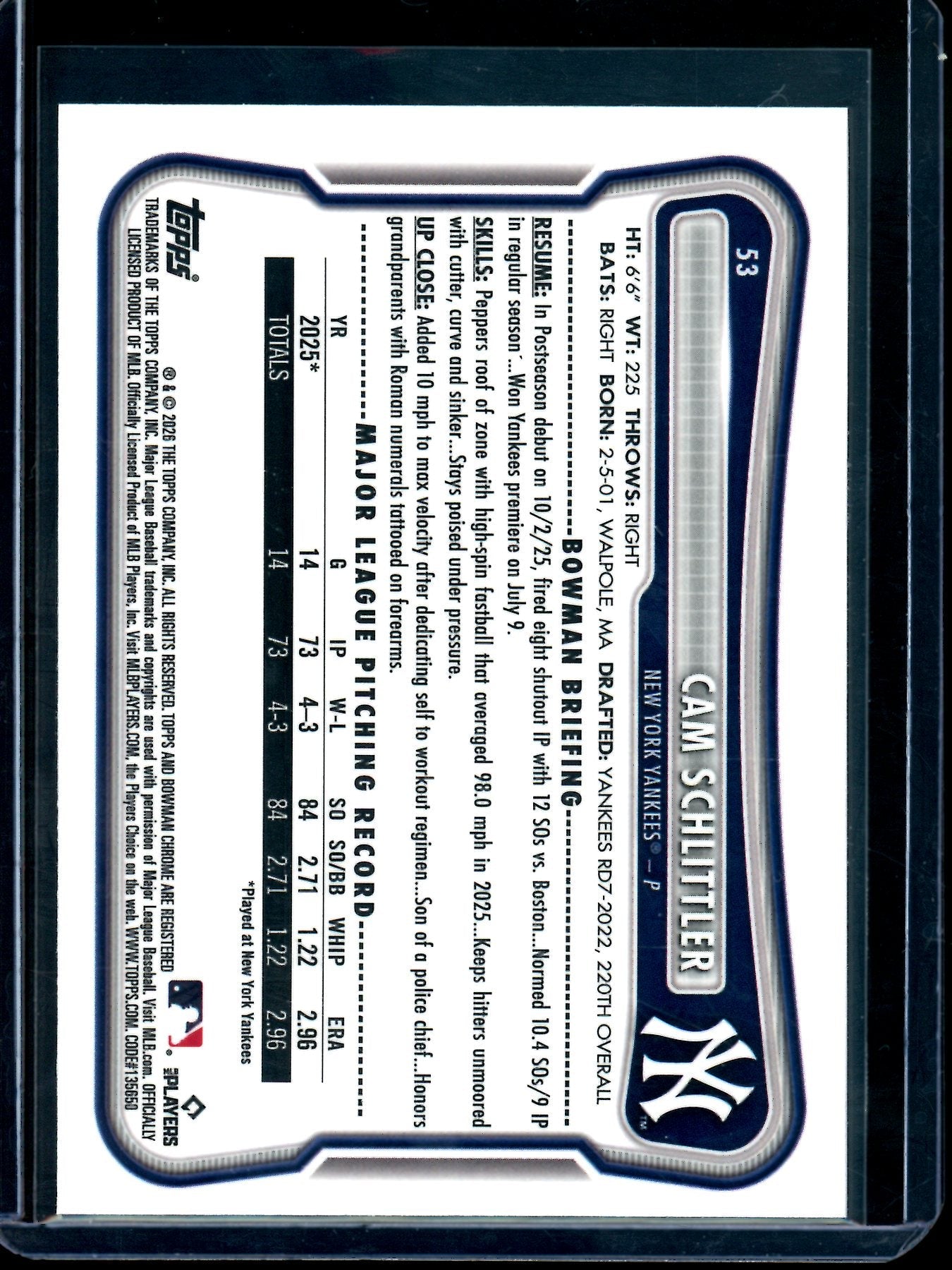 2026 Topps Bowman Chrome Cam Schlittler Red Rookie Refractor Yankees