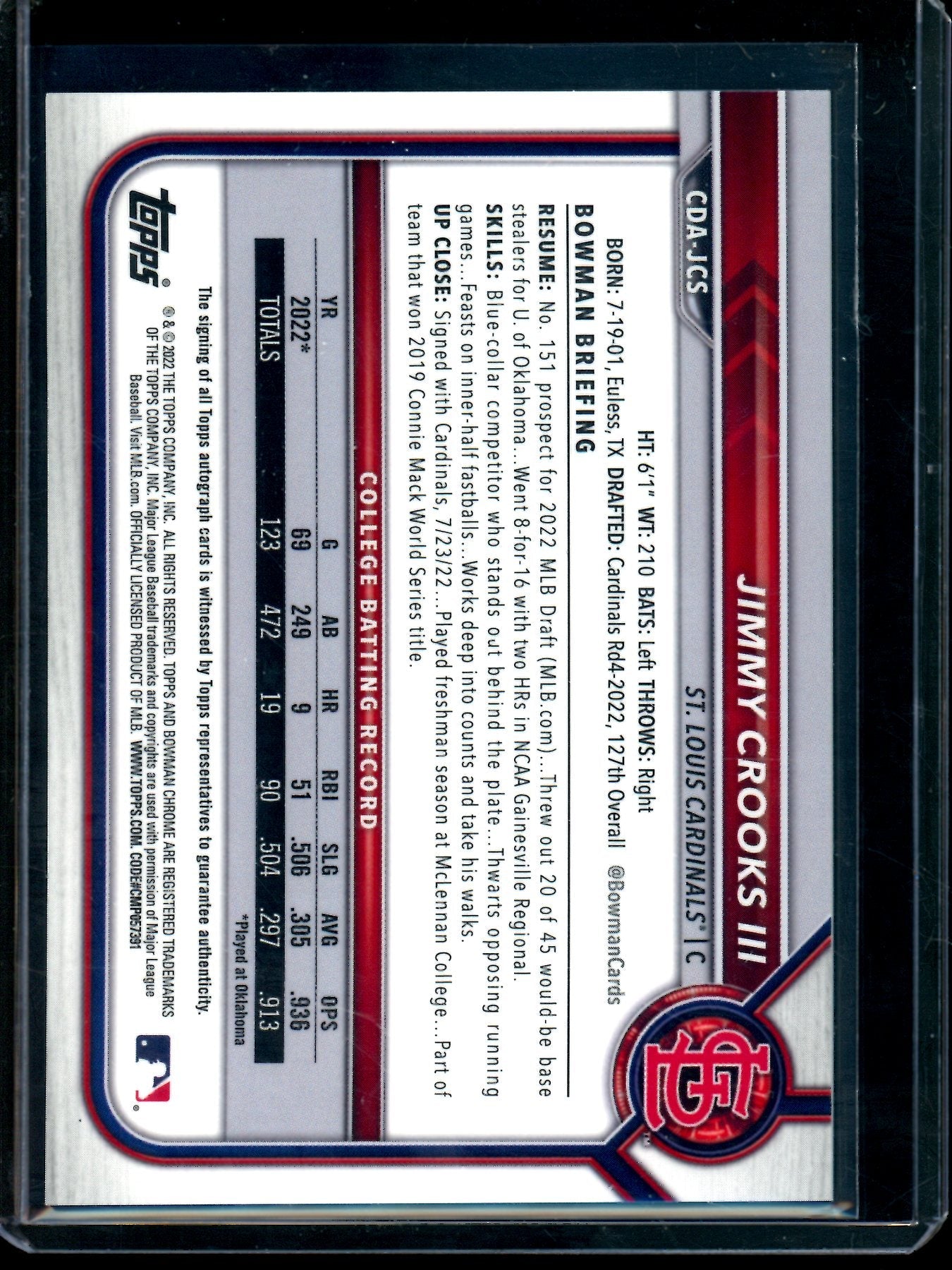 2022 Topps Bowman Chrome Jimmy Crooks III 1st Autograph Purple /250 Cardinals