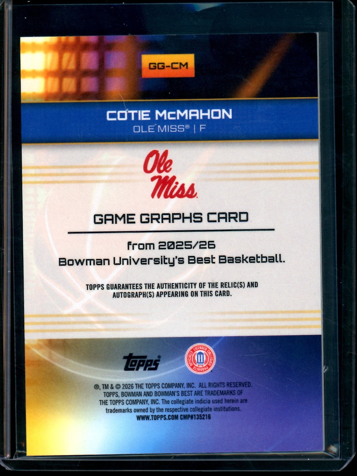 2026 Bowmans Best U Cotie McMahon Game Graphics Patch Autograph Orange /25 Ole Miss