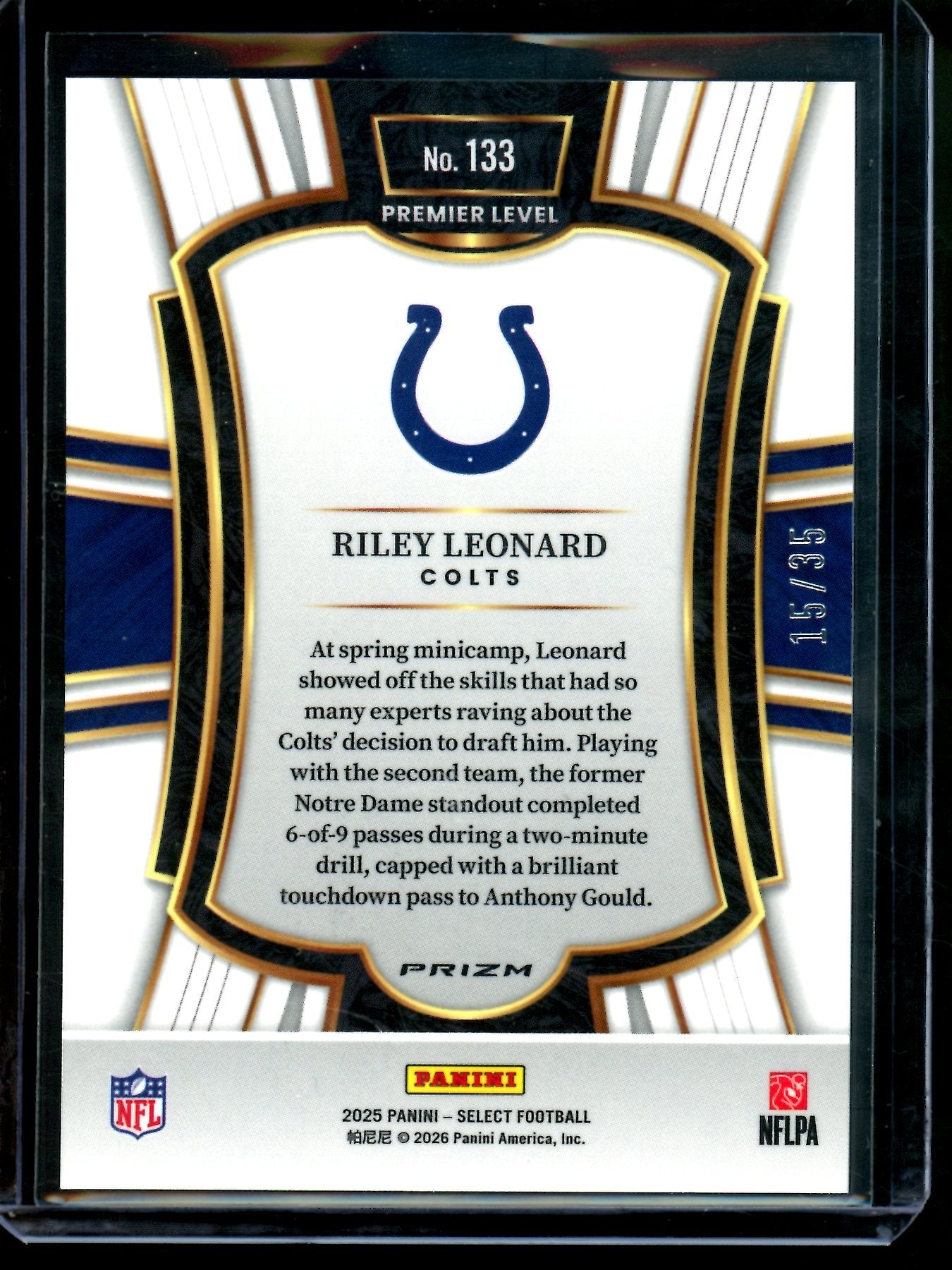 2025 Panini Select Riley Leonard Select White Rookie Premier Level /35 Colts