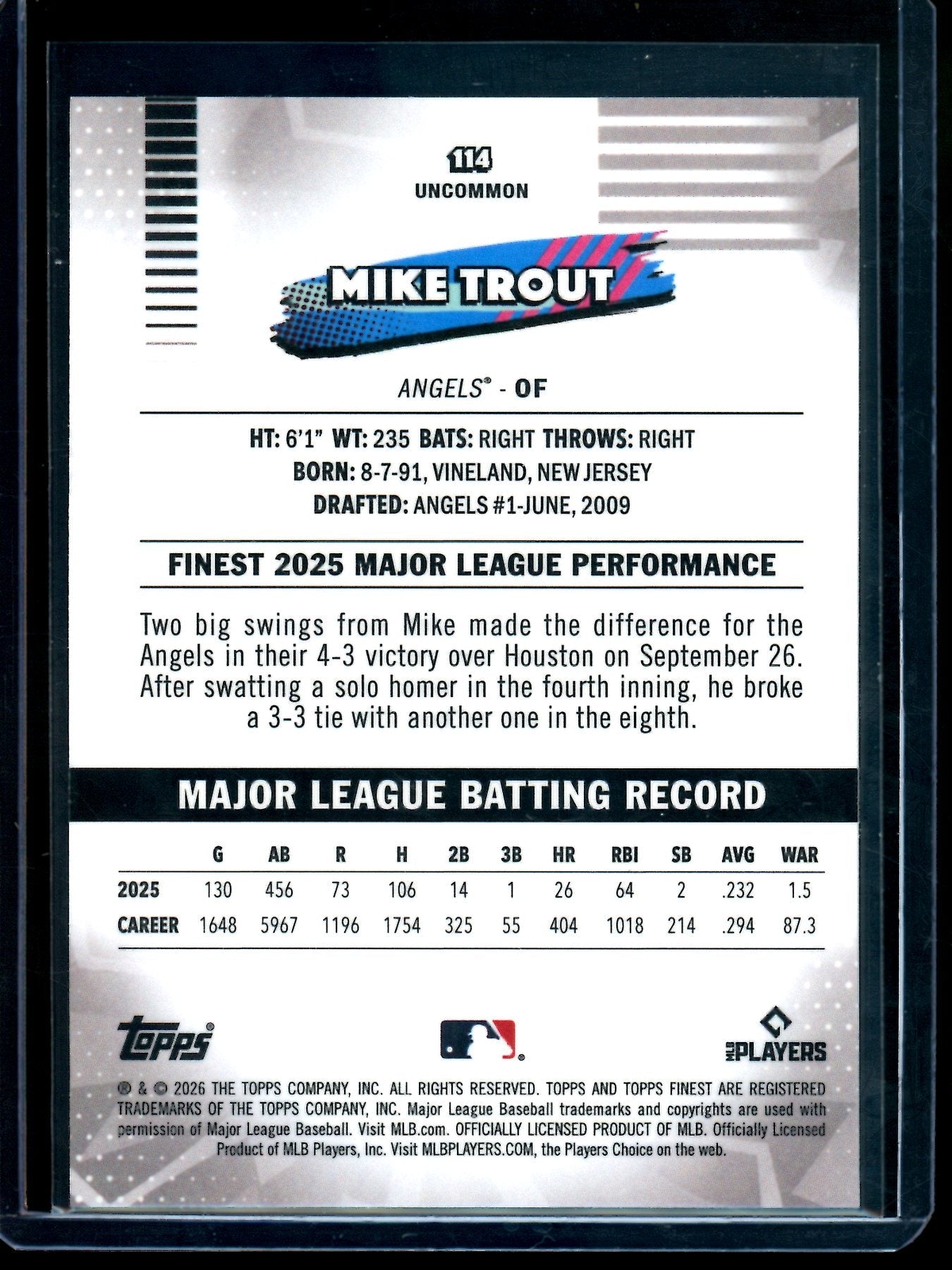 2026 Topps Finest Mike Trout Purple X-Fractor /75 Angels
