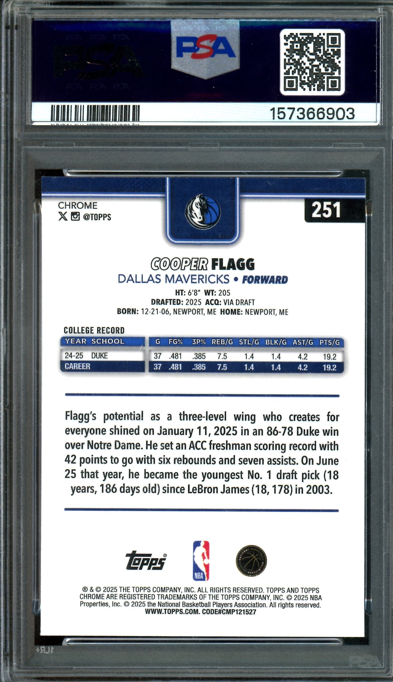 2025 Topps Chrome Cooper Flagg Rookie PSA 9 Mavericks