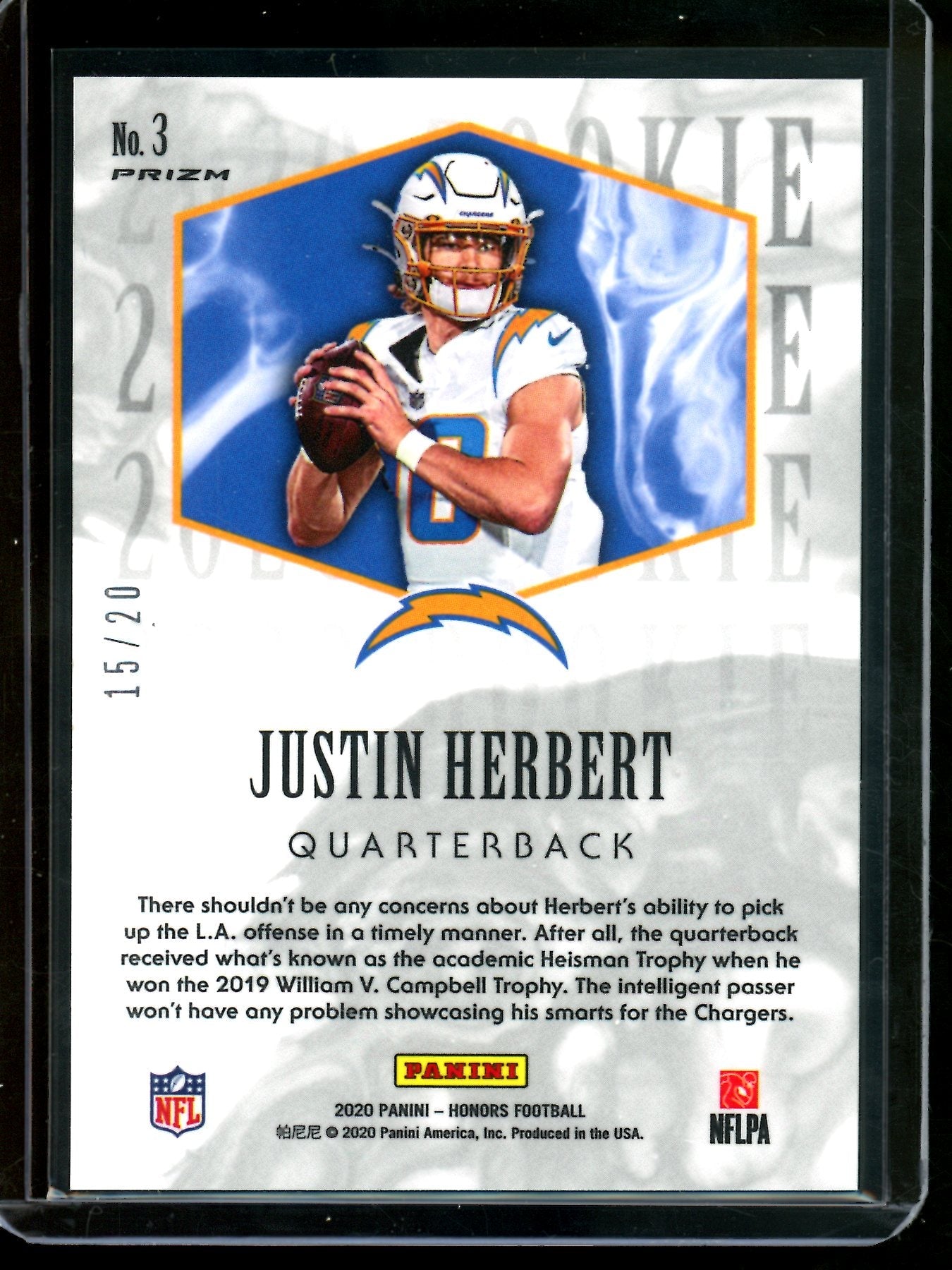 2020 Panini Honors Justin Herbert Gold Rookie #3 /20 Chargers