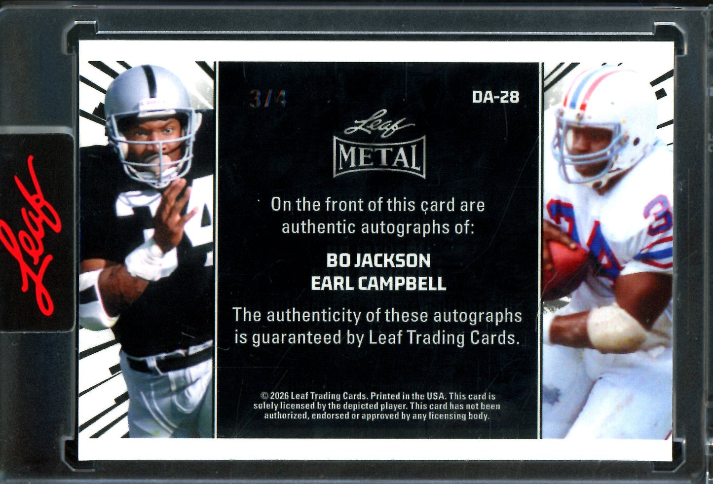 2026 Leaf Metal Bo Jackson / Earl Campbell Dual Autograph /4 Raiders
