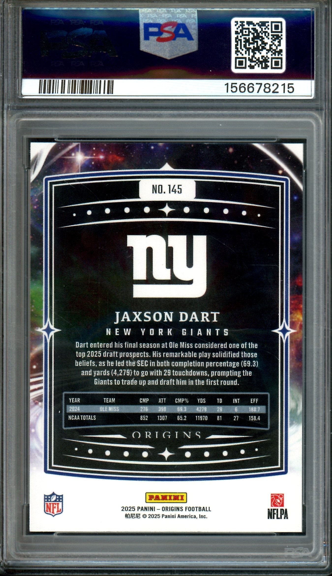 2025 Panini Origins Jaxson Dart Rookie PSA 10 Giants