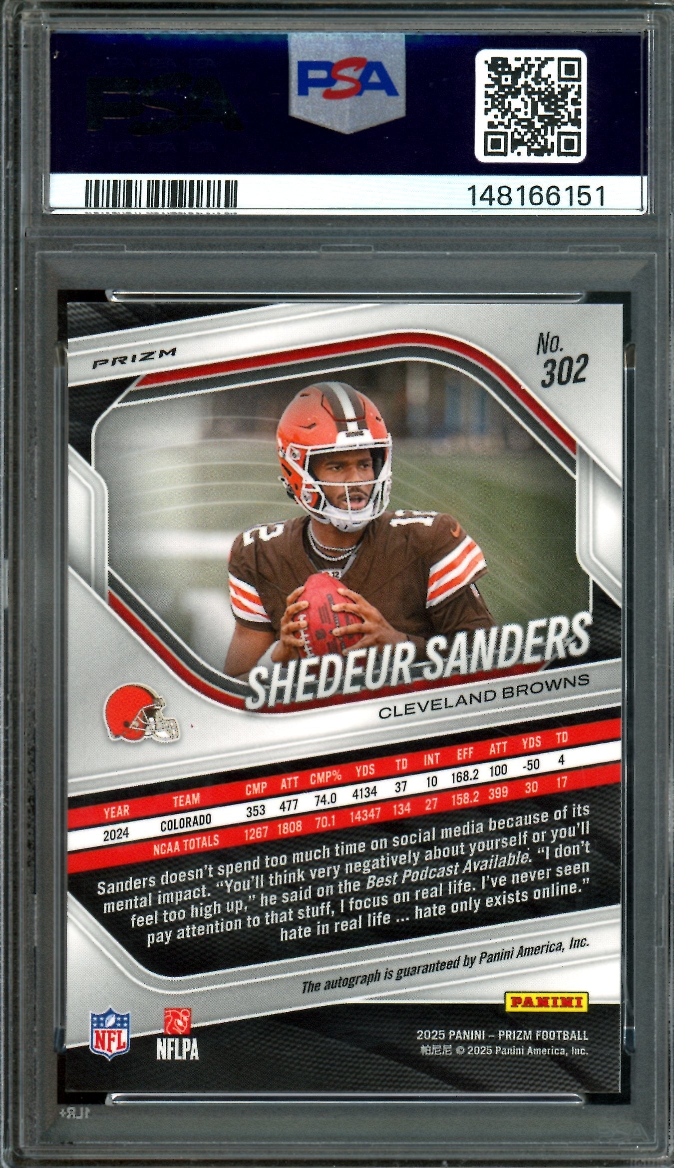 2025 Panini Prizm Shedeur Sanders Autograph Silver Prizm PSA 9 Browns