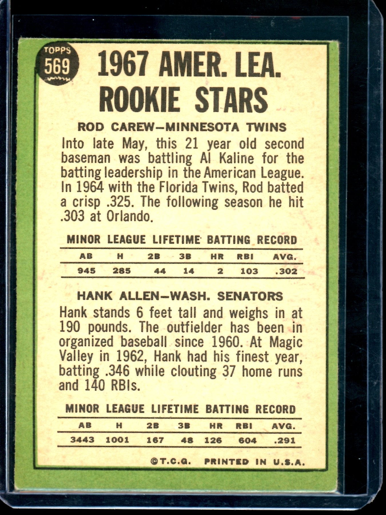 1967 Topps Rod Carew / Hank Allen American League Rookie Stars Twins (B) (Crease)