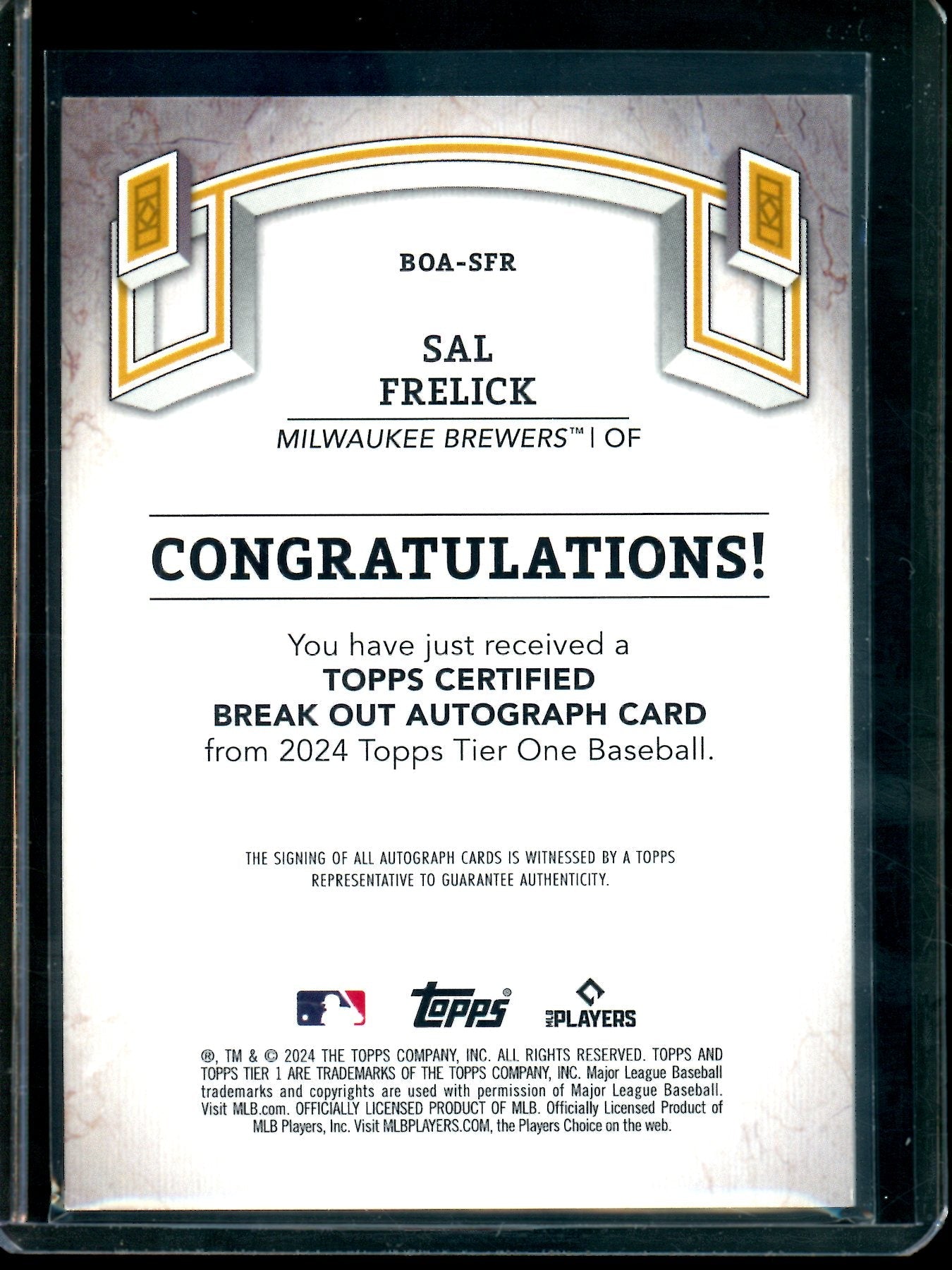2024 Topps Tier One Sal Frelick Rookie Autograph /249 Brewers