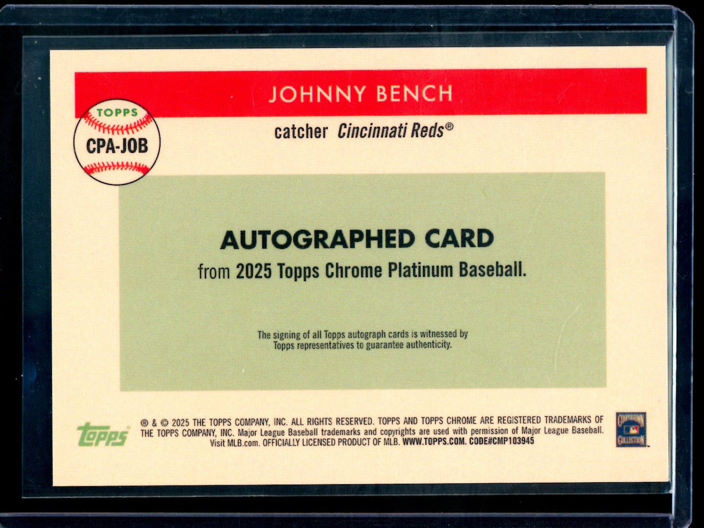 2025 Topps Platinum Johnny Bench Black Refractor Autograph /10 Reds