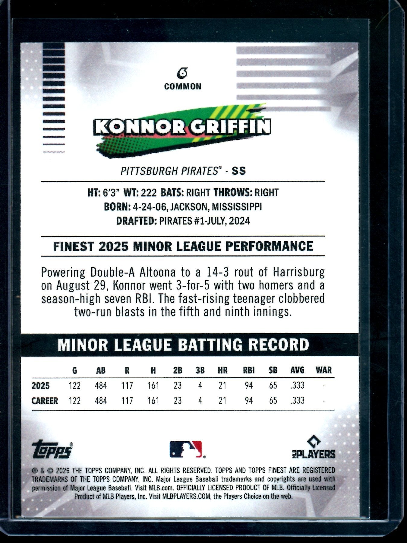 2026 Topps Chrome Konnor Griffin Yellow Refractor Rookie /275 Pirates