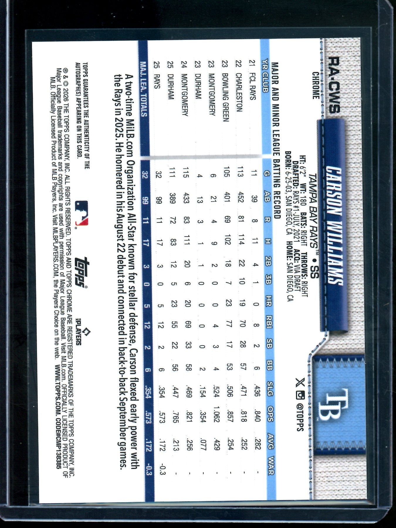2026 Topps Chrome Carson Williams Rookie Autograph Rays