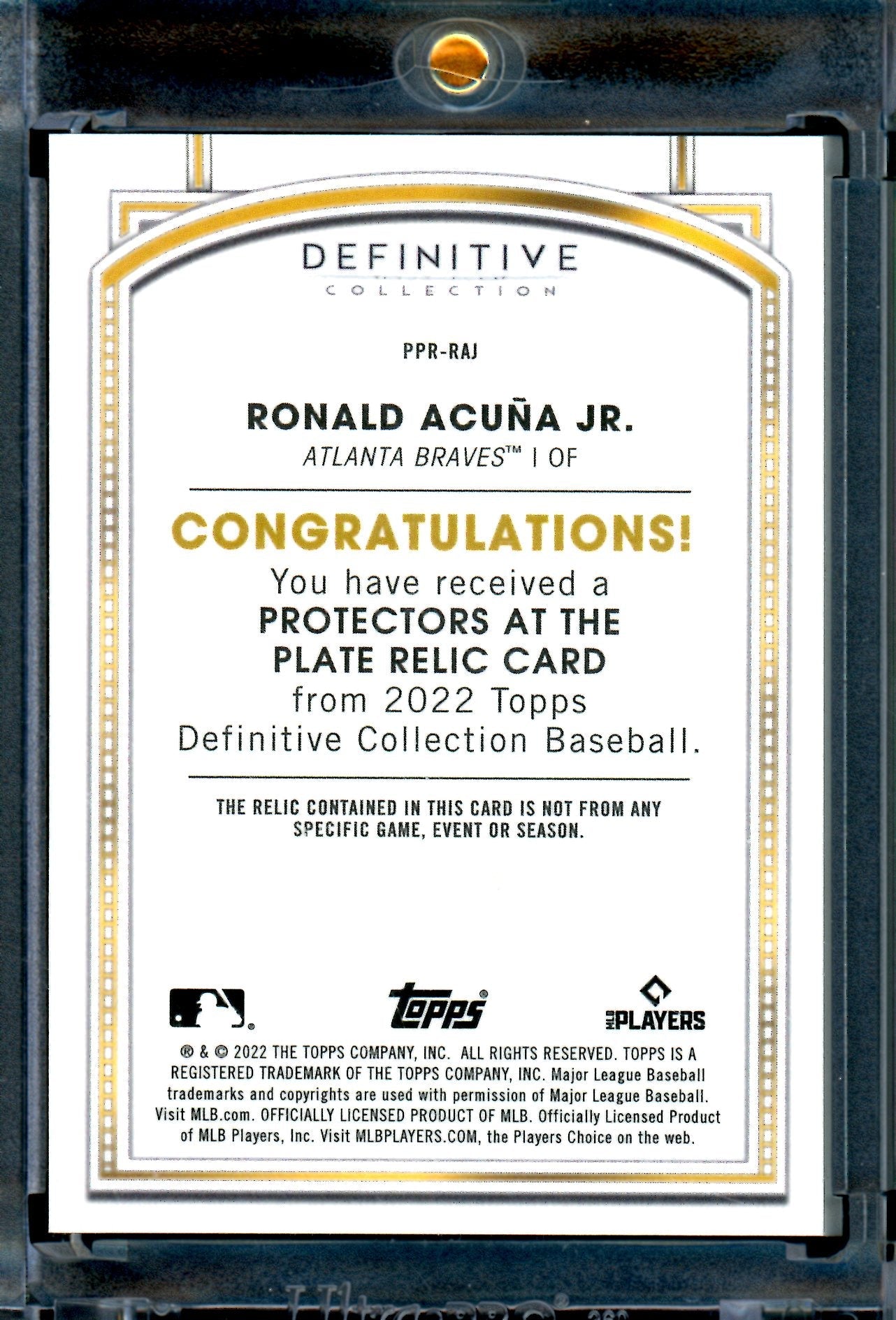 2022 Topps Definitive Ronald Acuna Protectors at The Plate Relic /10 Braves